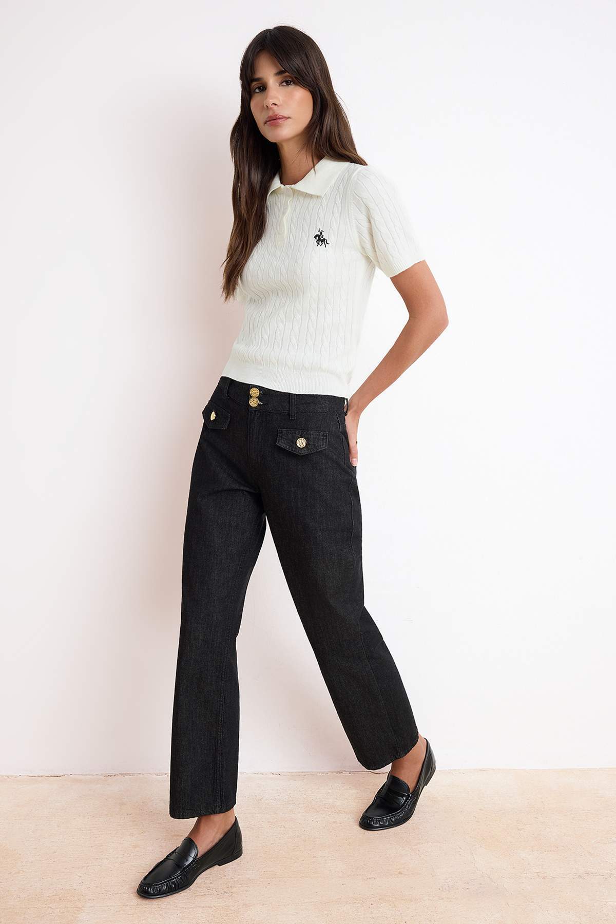 Trendyolmilla  Ekru At Nakışlı Polo Yaka Saç Örgü Triko Bluz TWOSS26BZ00163 - Görsel 2