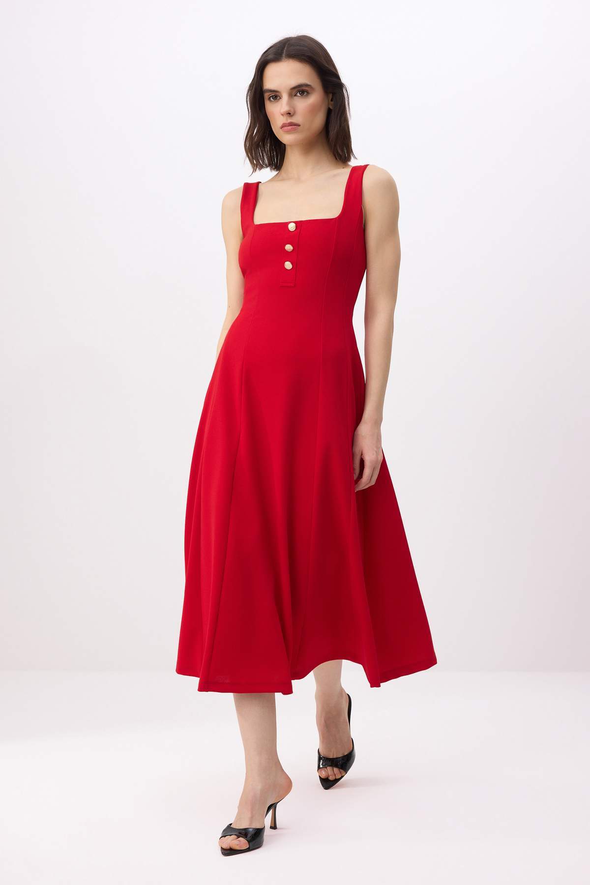 Trendyolmilla  Kırmızı Belden Açılan Kare Yaka Kalın Askılı Kolsuz Krep Örme Elbise TWOSS26EL00464 - Görsel 2