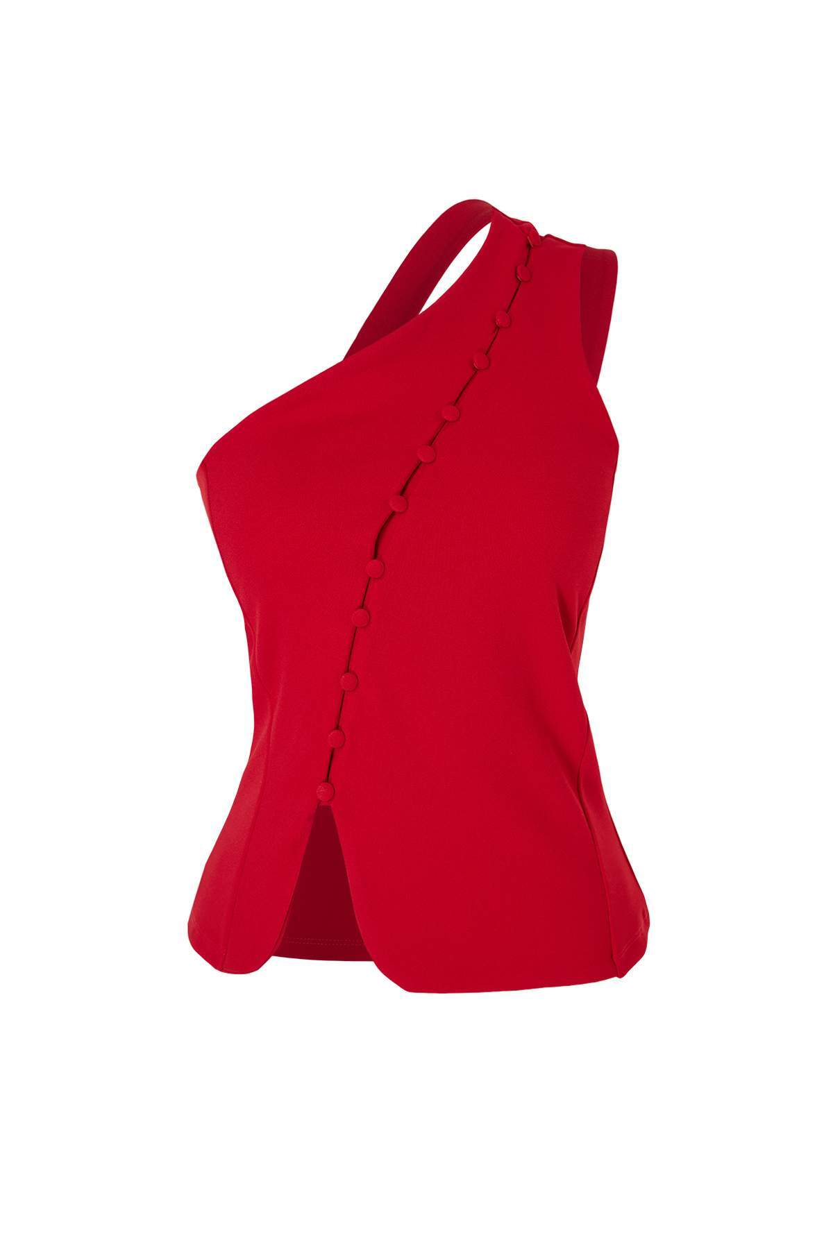 Trendyolmilla  Kırmızı Fitted/Vücuda Oturan Asimetrik Yaka Kolsuz Düğmeli Scuba Krep Örme Bluz TWOSS26BZ00278 - Görsel 5