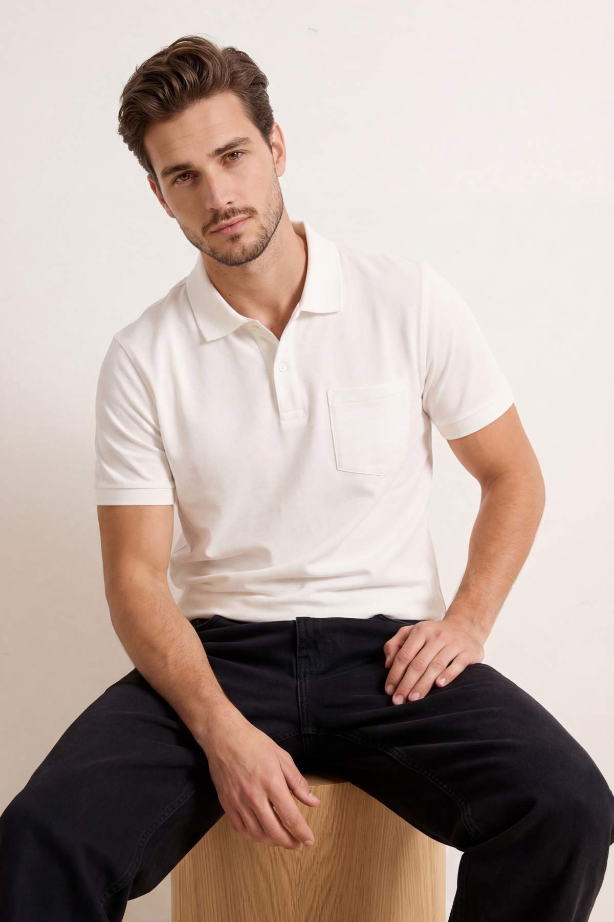Trendyolmilla Man Ekru Regular/Rahat %100 Pamuk Tek Cepli Polo Yaka T-shirt TMNSS26PO00018