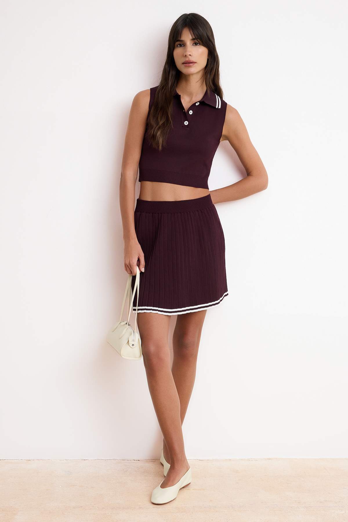 Trendyolmilla Bordo Polo Yaka Pileli Etekli Triko Alt-Üst Takım TWOSS24AU00009