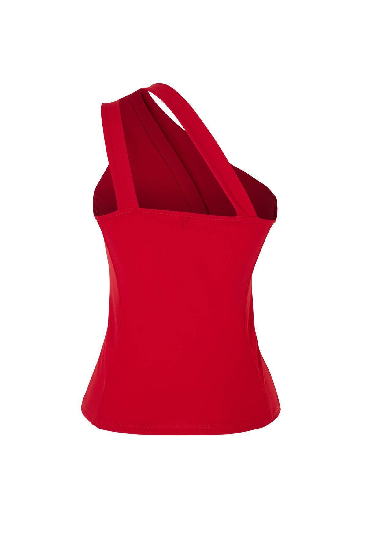 Trendyolmilla  Kırmızı Fitted/Vücuda Oturan Asimetrik Yaka Kolsuz Düğmeli Scuba Krep Örme Bluz TWOSS26BZ00278 - Görsel 6