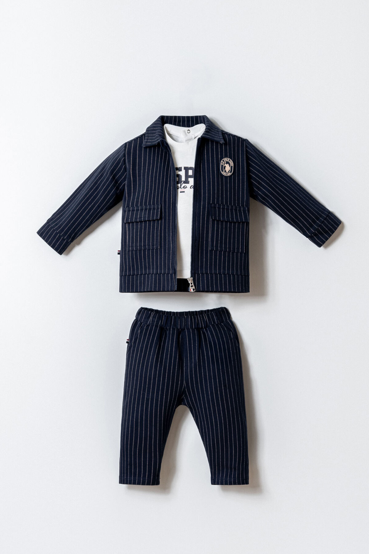 U.S. Polo Assn. Baby Boy Zippered Collar Embroidered Summer Regular Fit Navy Blue 3-Piece Baby Set Usb2924-C-V1