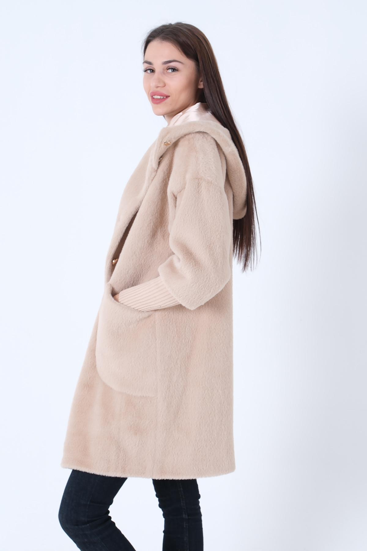 Feminist  Gold Düğmeli Kapüşonlu Yün Peluş Kaban Taş 44510388 - Görsel 6