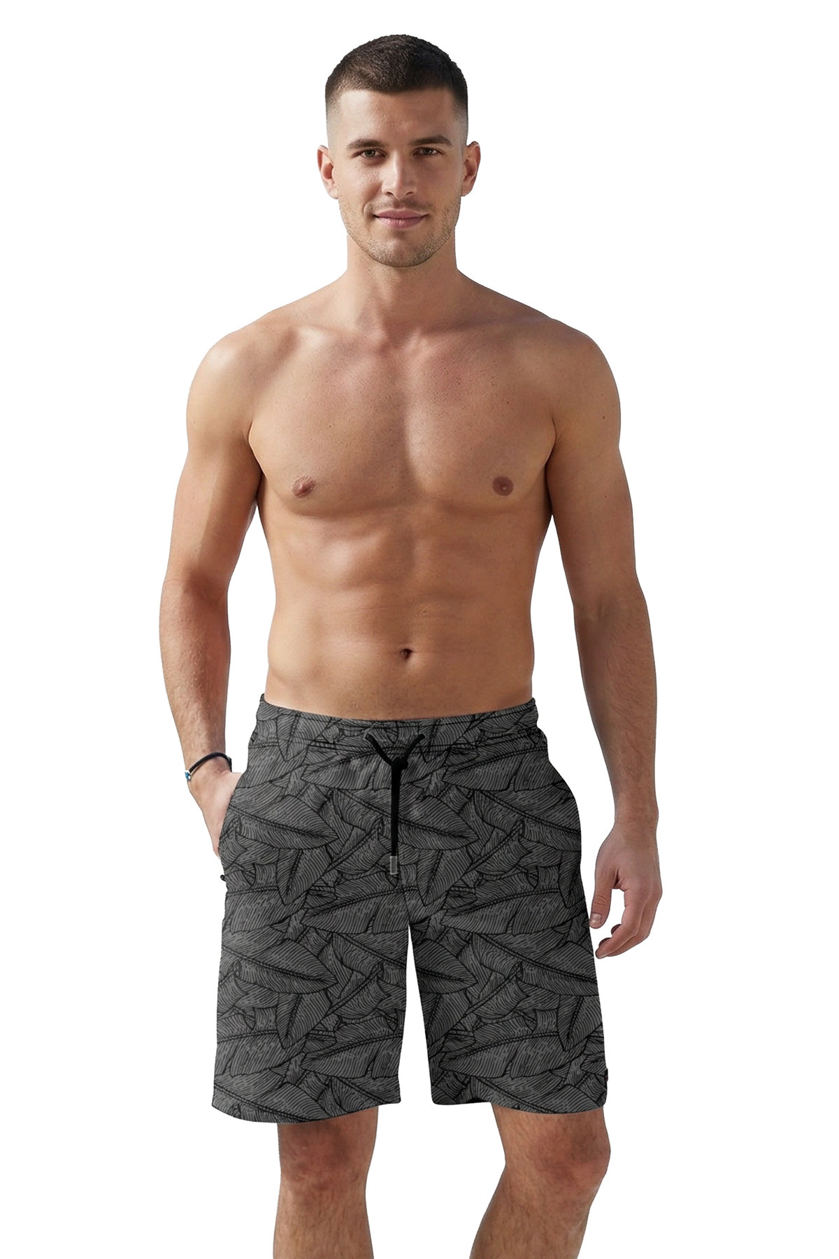 Miami Beach Men's Gray Leaf Printed Medium Length Swimsuit Swim Shorts