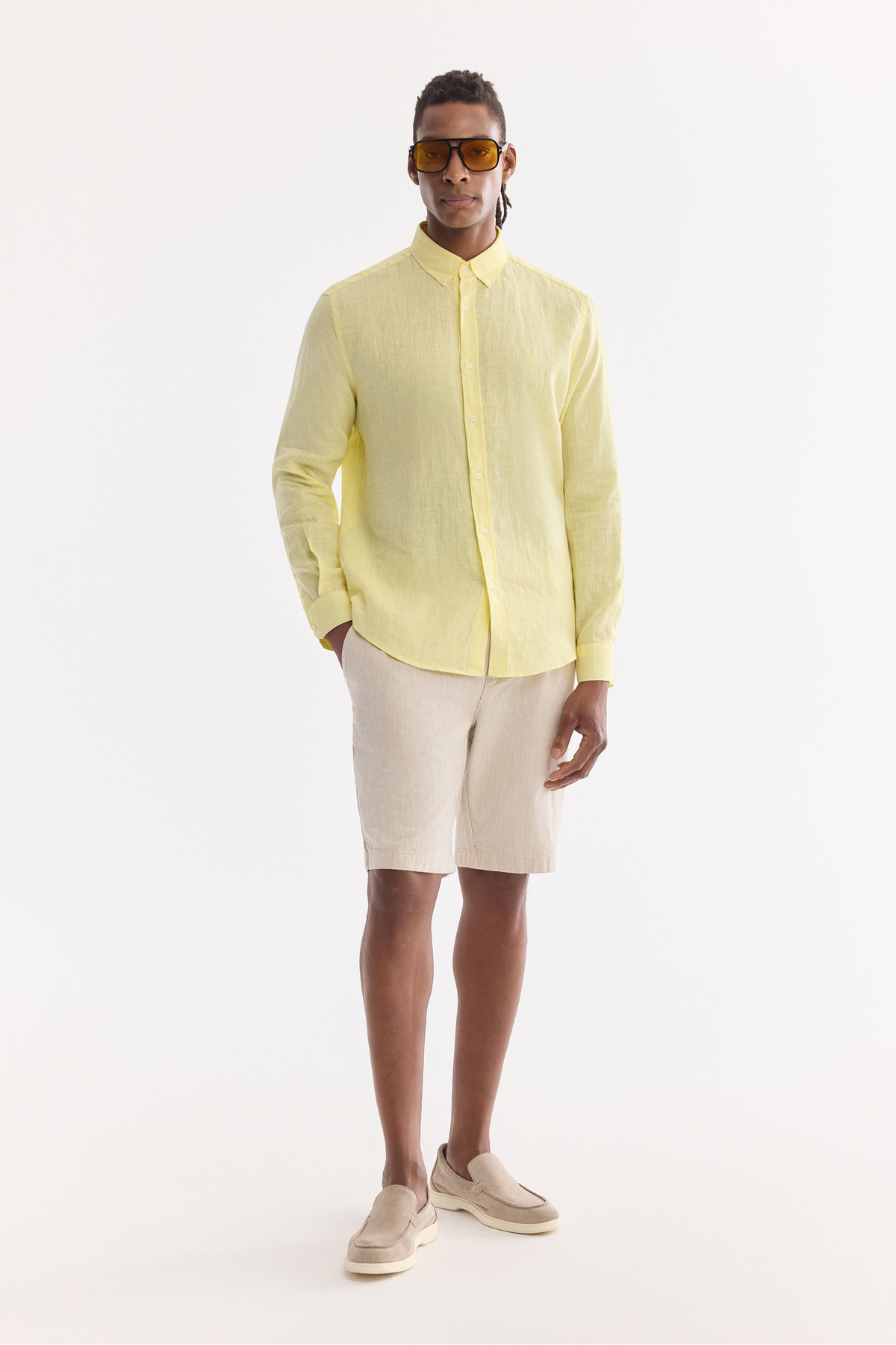 Avva  Erkek Bej Beli Lastikli Keten Karışımlı Relaxed Fit Şort B003731 - Görsel 7