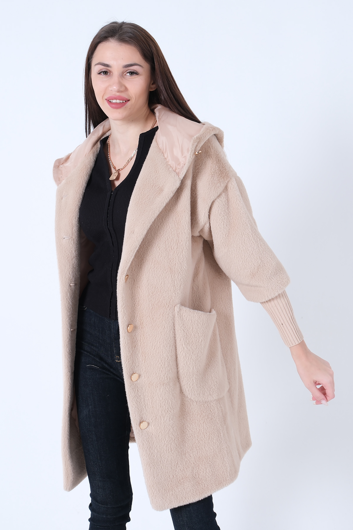 Feminist  Gold Düğmeli Kapüşonlu Yün Peluş Kaban Taş 44510388 - Görsel 5