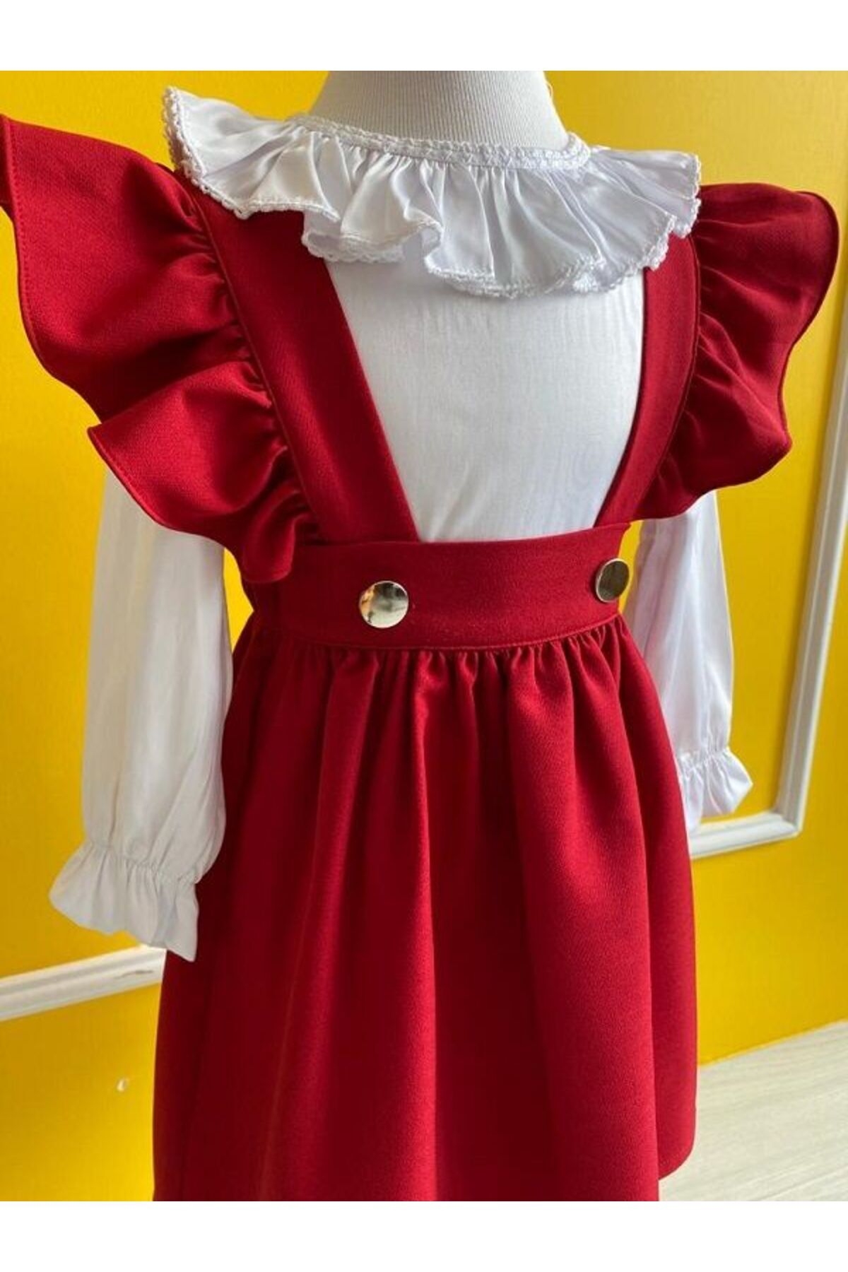 Genel Markalar Fırfırlı Gömlekli Kız Bebek Kız Çocuk Kırmızı Elbise fotoğrafı 3 (önizleme)
