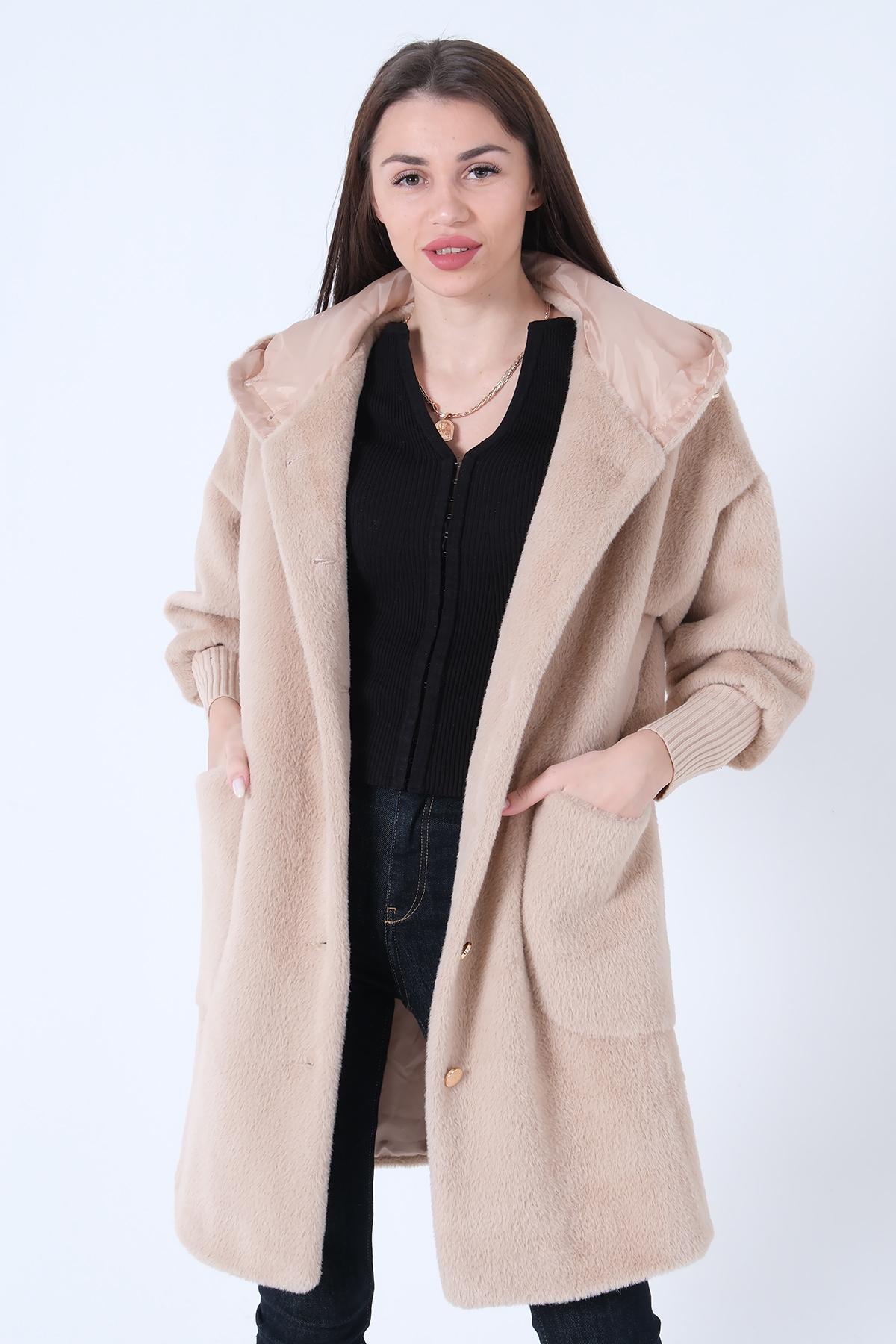 Feminist  Gold Düğmeli Kapüşonlu Yün Peluş Kaban Taş 44510388 - Görsel 2