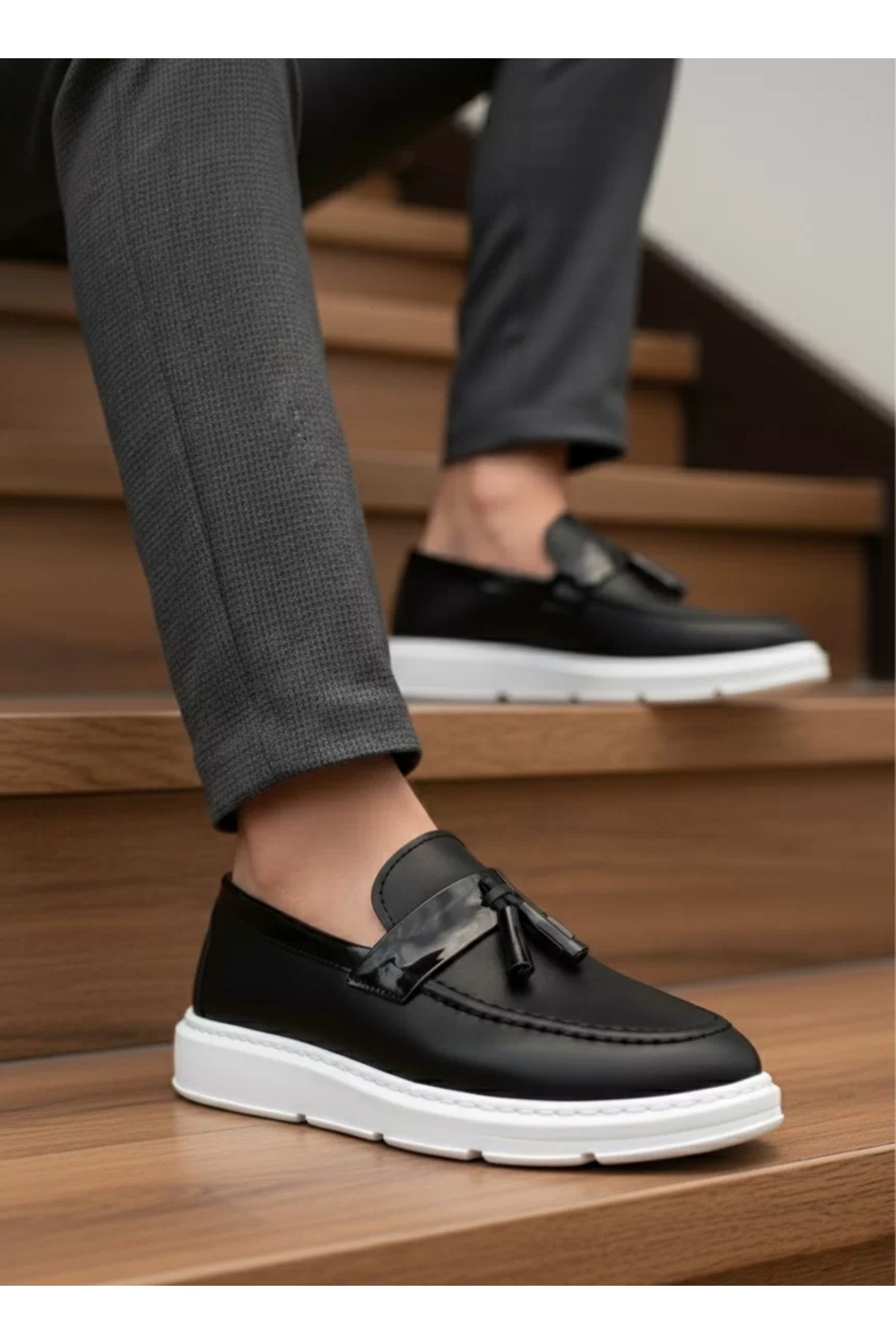 BOA  BA0005 Bağcıksız Yüksek Taban Klasik Püsküllü Corcik Erkek Ayakkabı Siyah Beyaz - Görsel 3