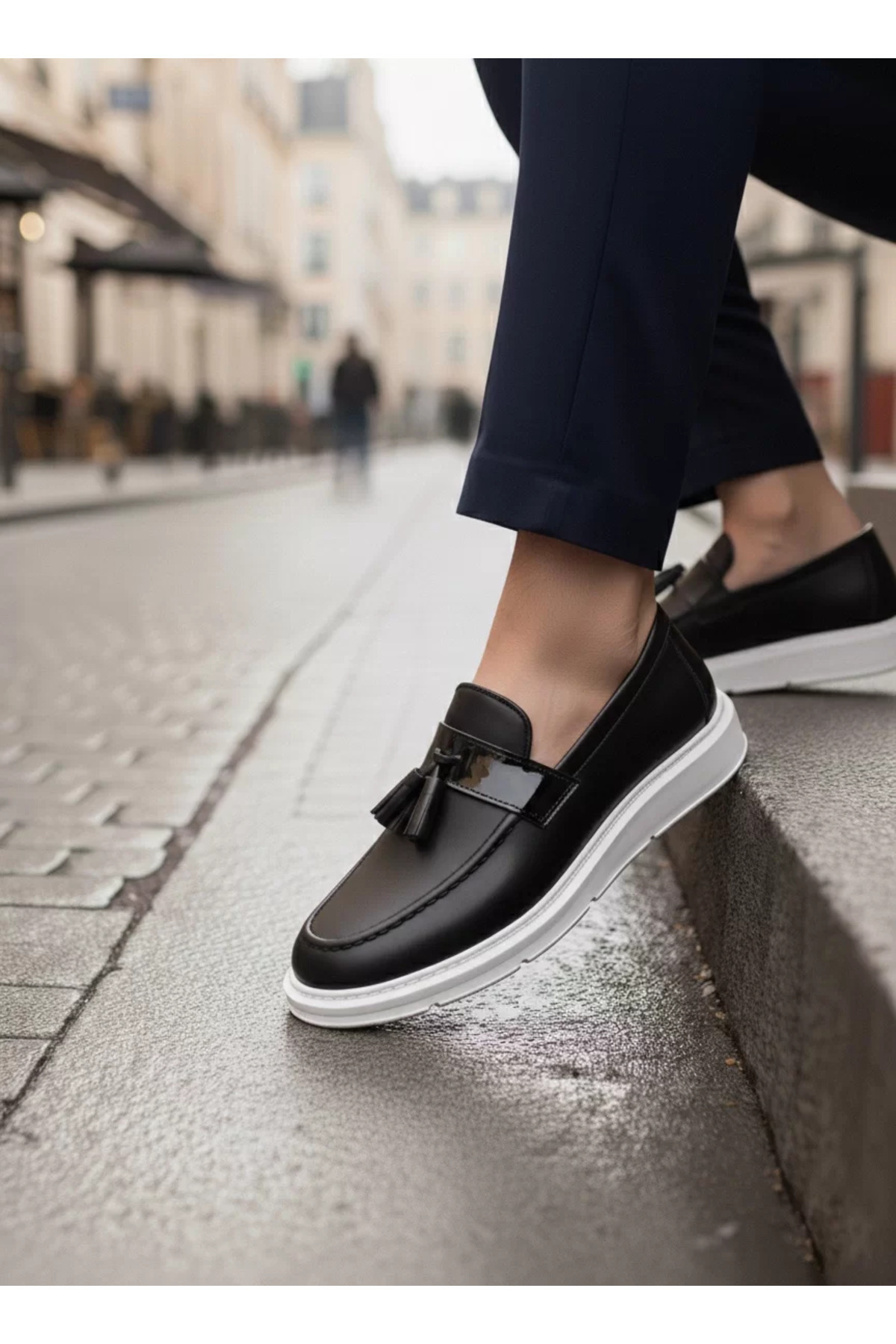 BOA  BA0005 Bağcıksız Yüksek Taban Klasik Püsküllü Corcik Erkek Ayakkabı Siyah Beyaz - Görsel 2
