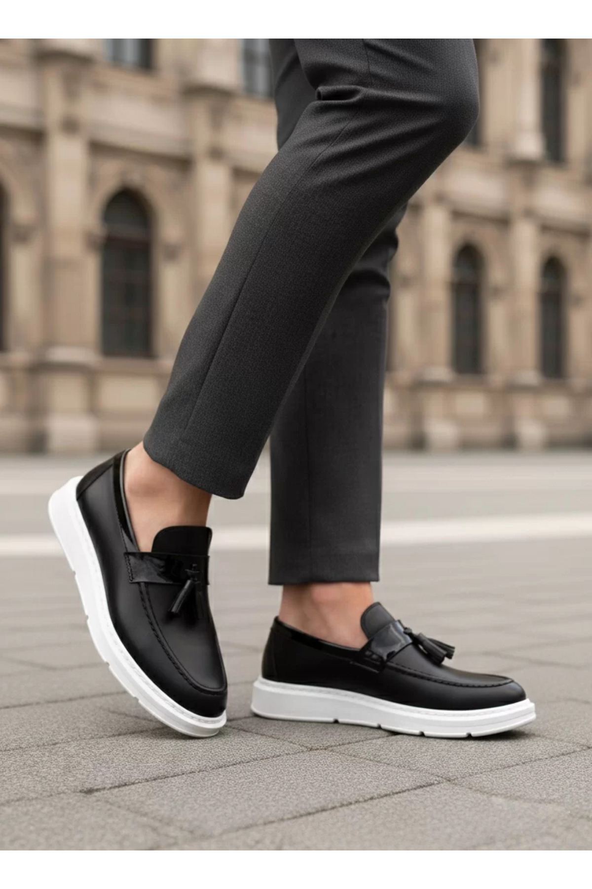 BOA  BA0005 Bağcıksız Yüksek Taban Klasik Püsküllü Corcik Erkek Ayakkabı Siyah Beyaz - Görsel 6