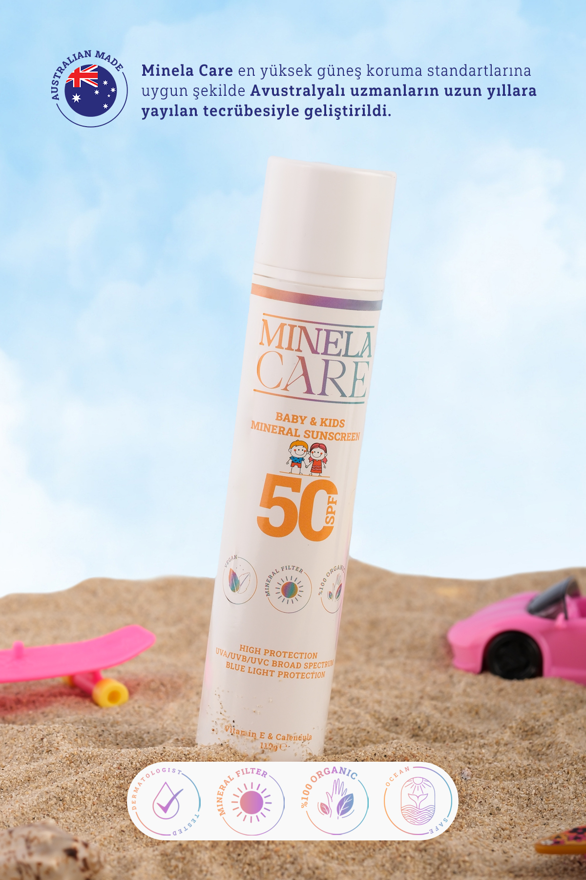 Minelacare Organik Mineral Filtreli Bebek ve Çocuk Güneş Kremi SPF 50 110 g %25 Non-Nano Çinko Oksit fotoğrafı 2 (önizleme)