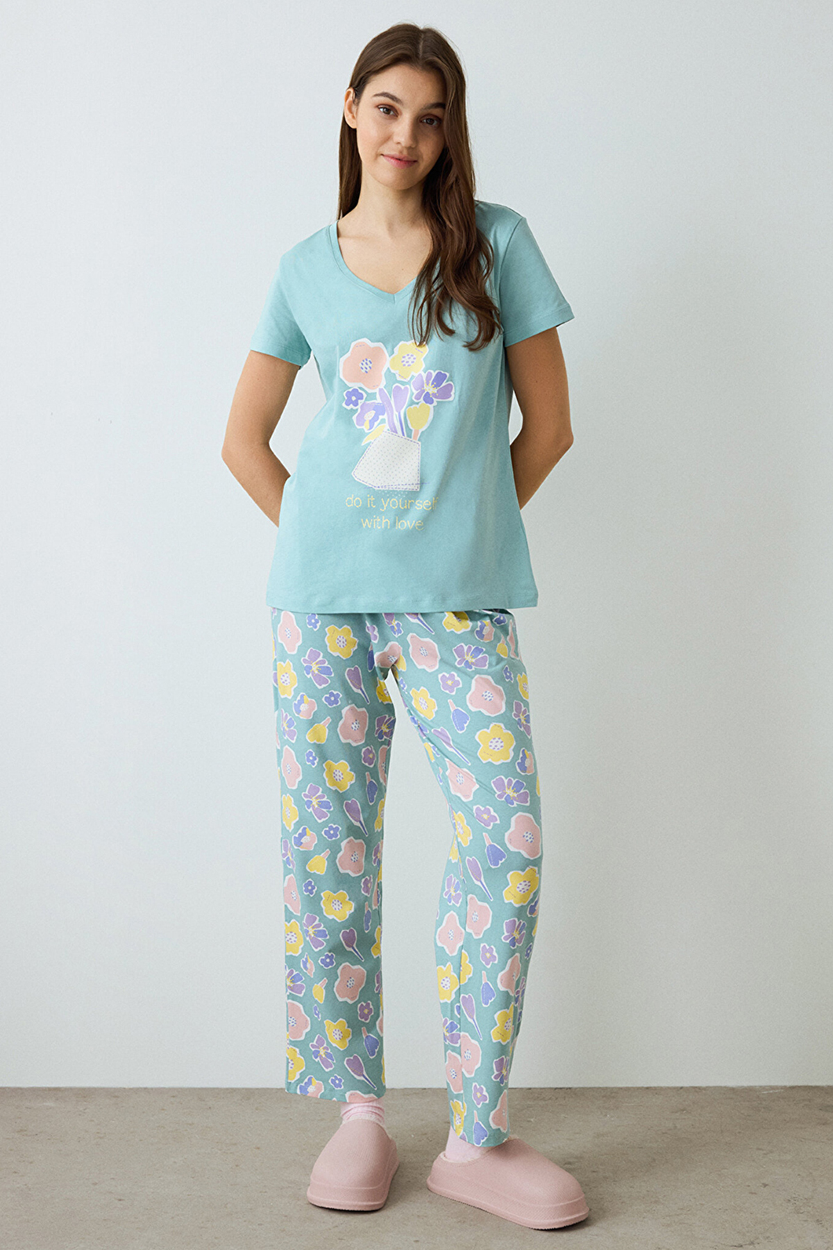 Penti Mint Green Floral Cotton V-neck Short Sleeve Pyjamas Set Pajama Set