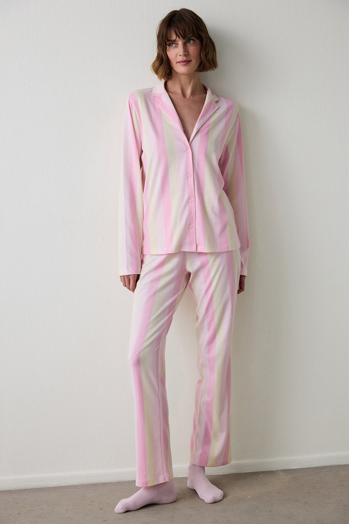 Penti Pink Striped Shirt Collar Cotton Pajama Set