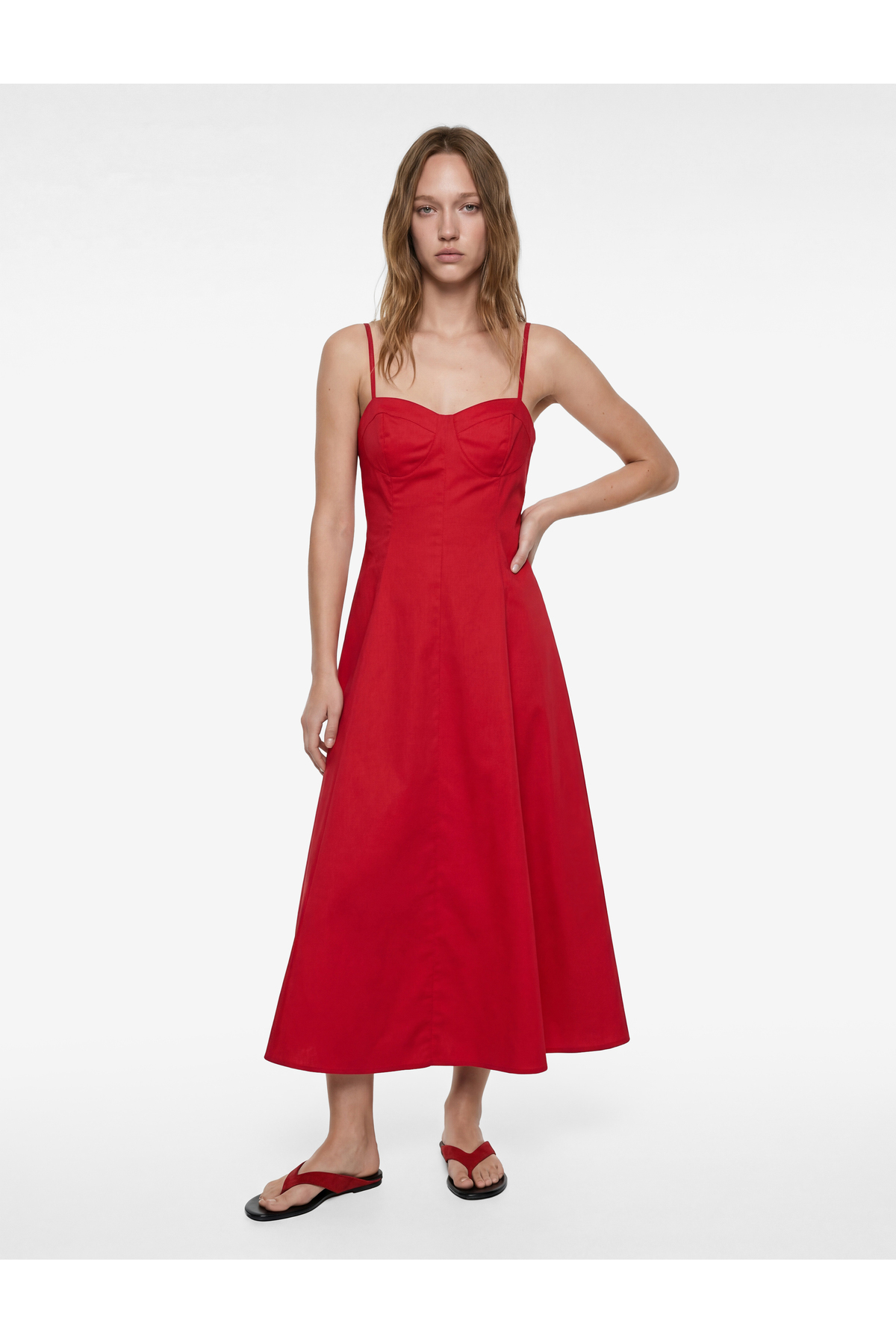Koton Slim Fit Sweetheart Neckline Sleeveless Cotton Rope Strap Flounce Poplin Long Dress