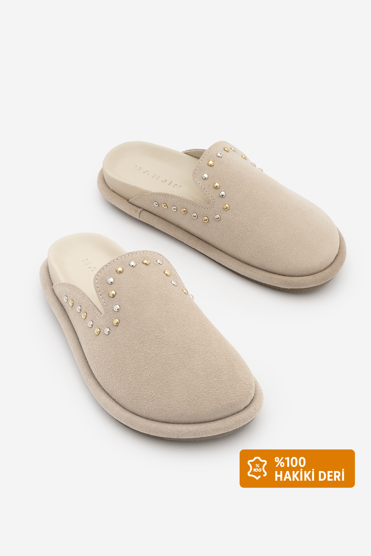 Women's Genuine Leather Staple Trotted Sabo Casual Slippers Sufite Beige Suede