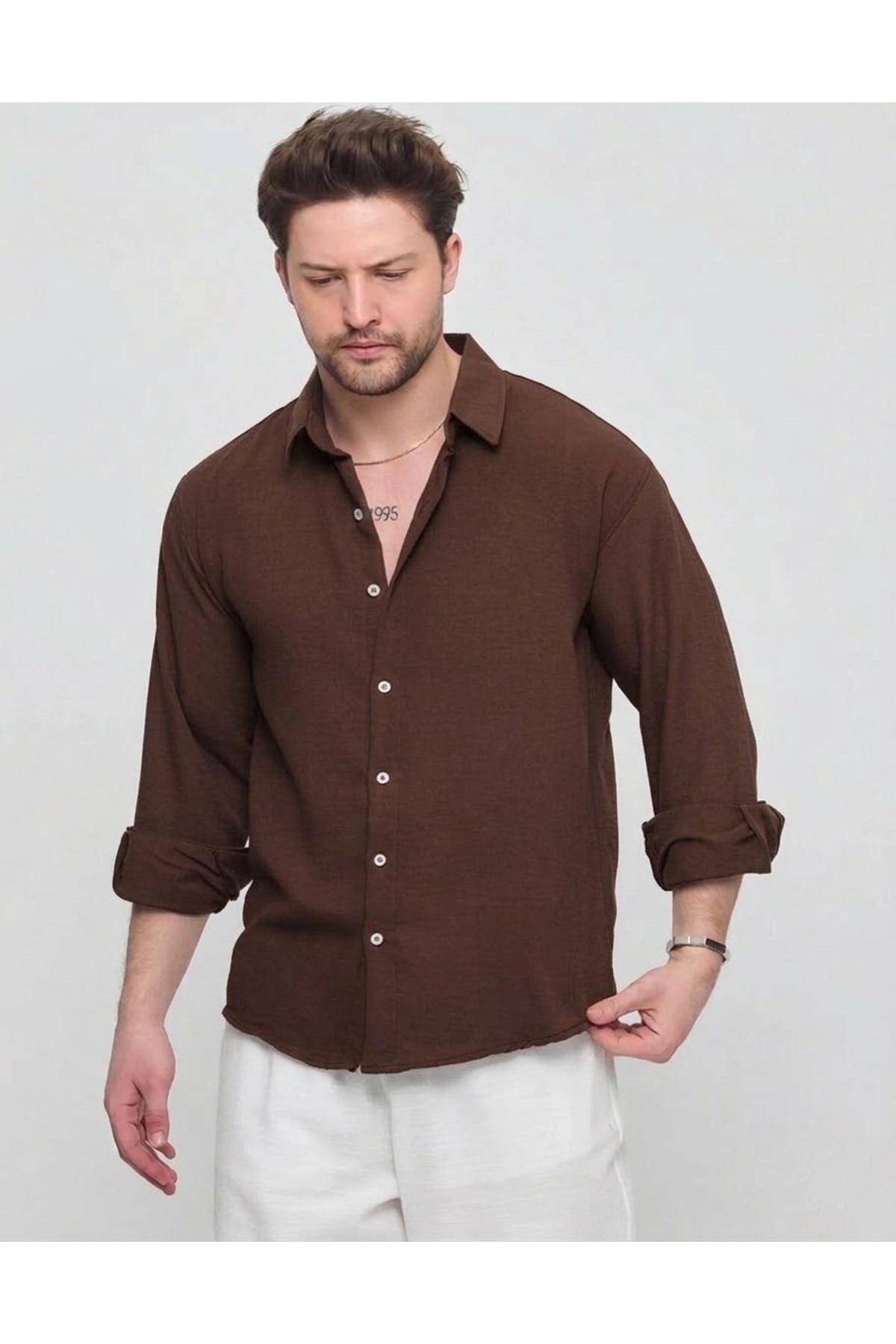 GEIO  ERKEK OVERSİZE KESİM KETEN GÖMLEK - Görsel 3