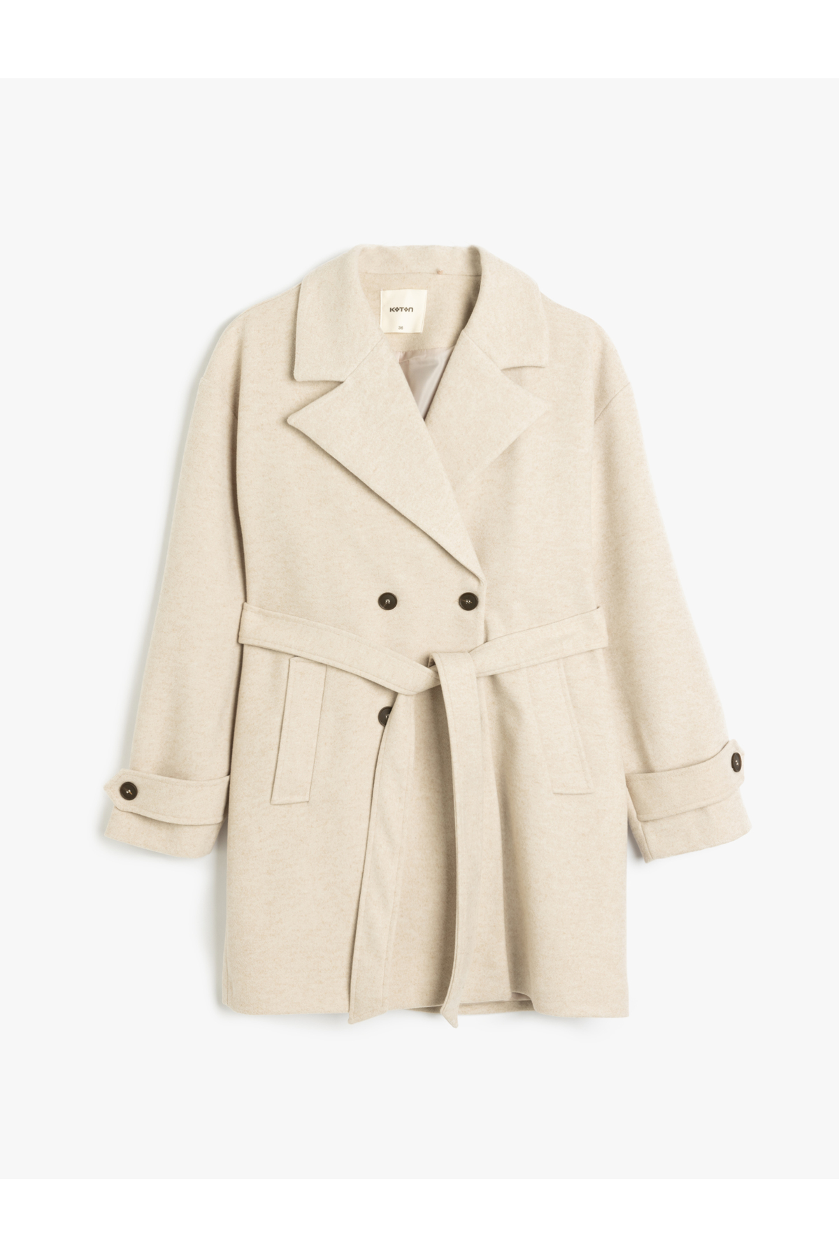 Koton  Uzun Kollu Kemerli Cepli Kruvaze İnce Kaşe Kaban - Görsel 3