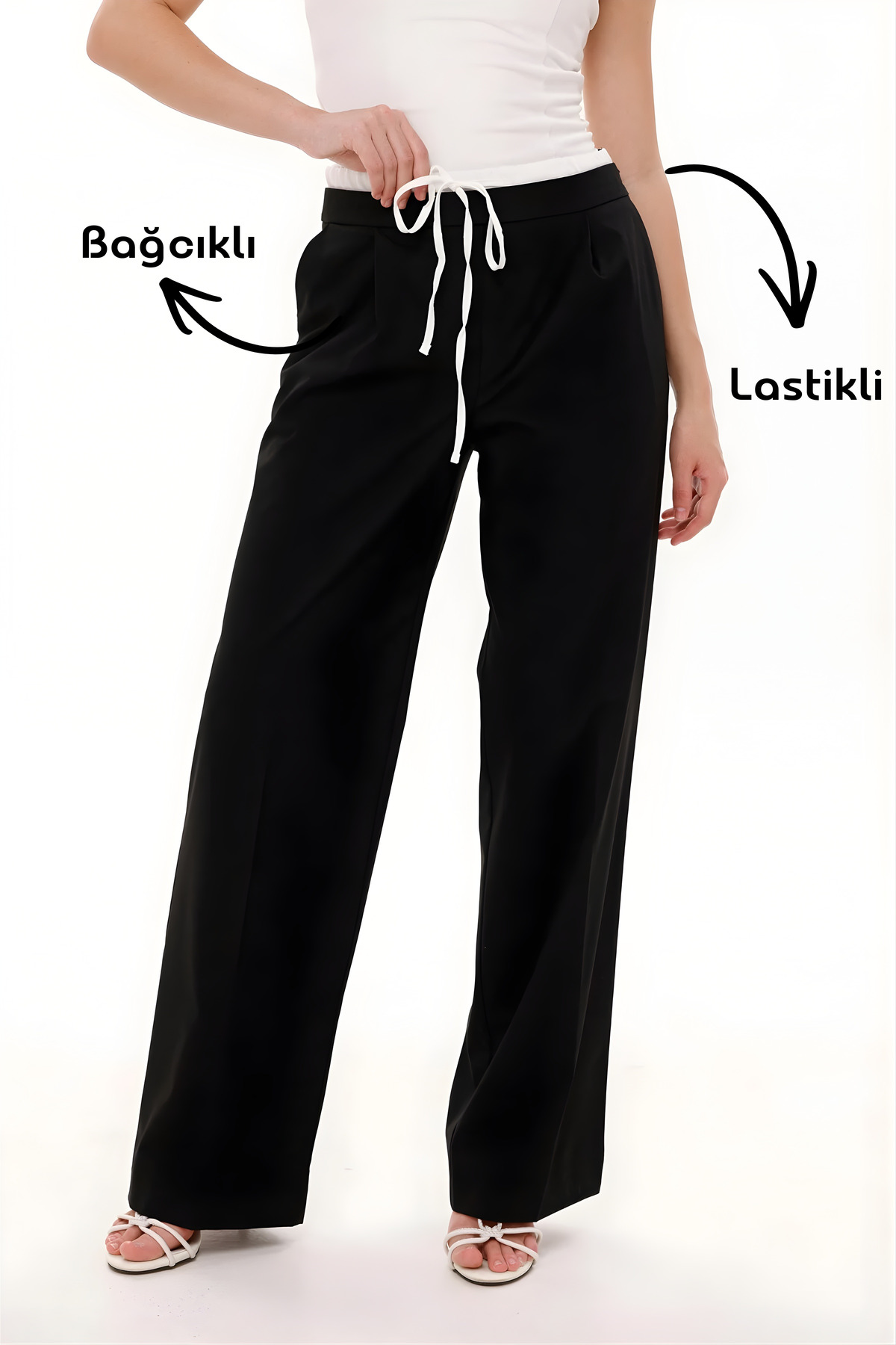 LA PANTE  Kadın Pantolon Beli Lastikli Bağcıklı Yancepli Geniş Paça Siyah Pantolon Kadın Kemer Garnili Şık