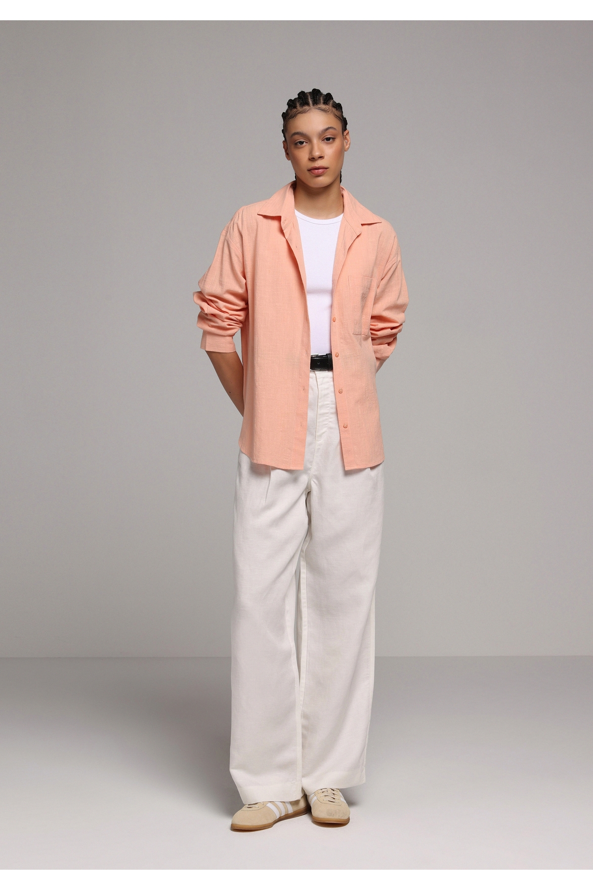 Colin’s  Boyfriend Fit Shirt Neck Düz Kadın Taş Uzun Kol Gömlek - Görsel 3