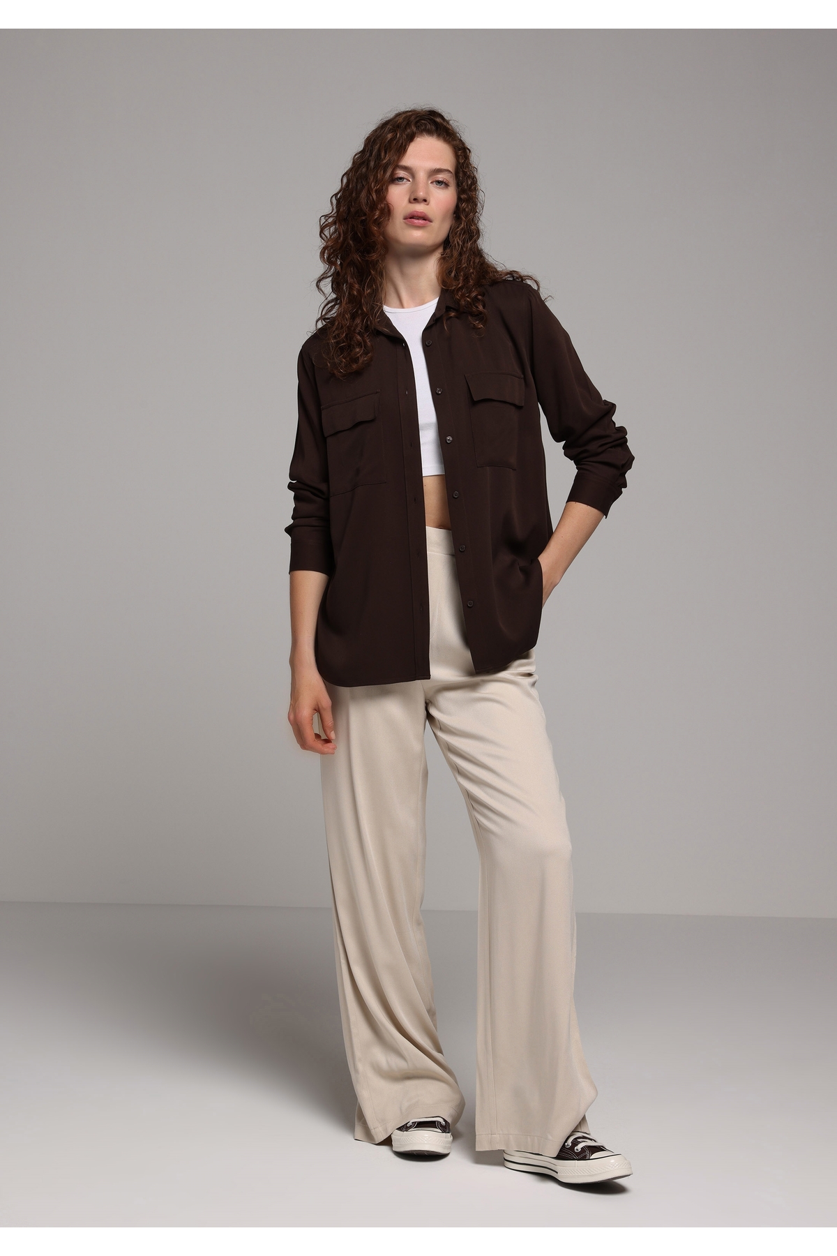 Colin’s  Regular Fit Shirt Neck Düz Kadın Kahverengi Uzun Kol Gömlek - Görsel 3