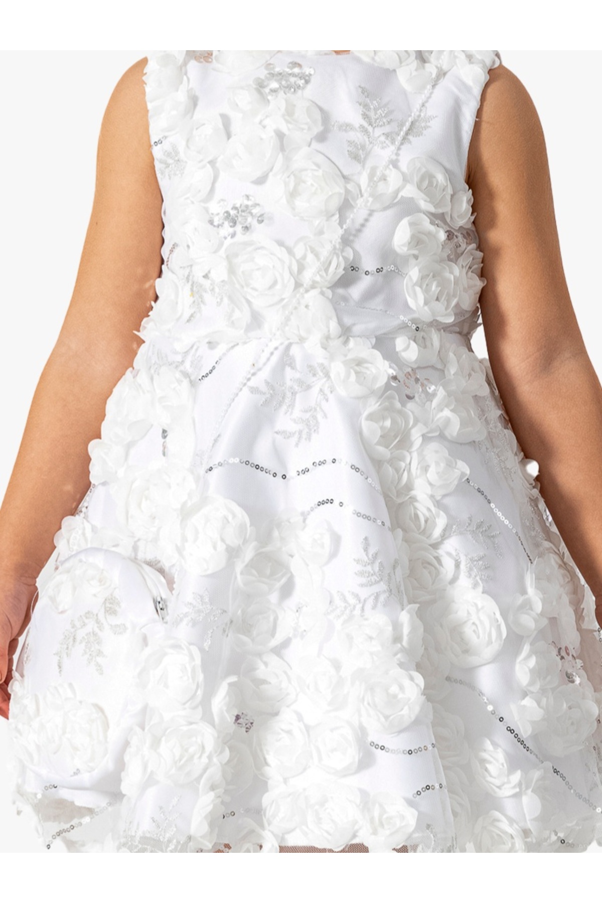 YUSALİ Kız Çocuk Beyaz Pullu Çantalı Doğum Günü/özel Elbisesi/ Parti Elbisesi Gelinlik fotoğrafı 5 (önizleme)