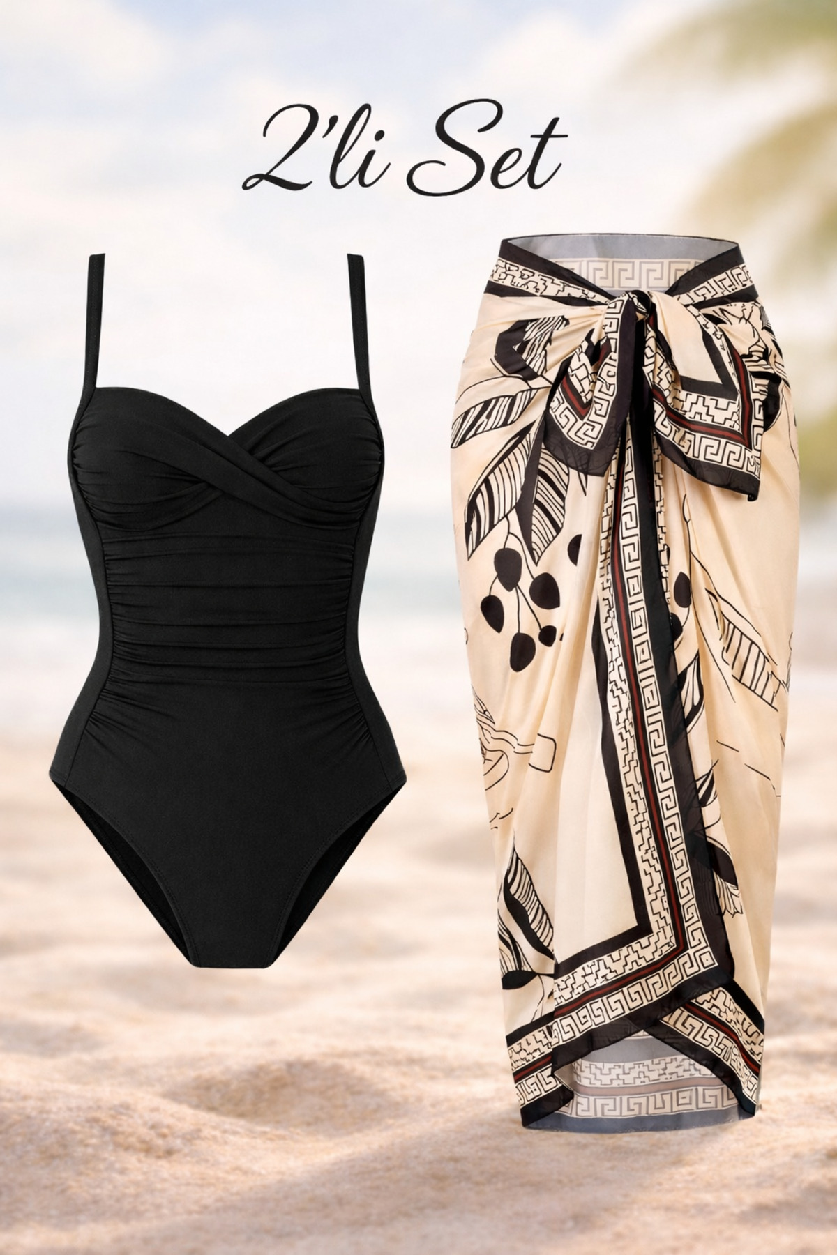 Fridan Draped Black Swimwear & Pareo 2-Piece Set with Adjustable Strap Slimming Effect -Pareo (145x90 cm)