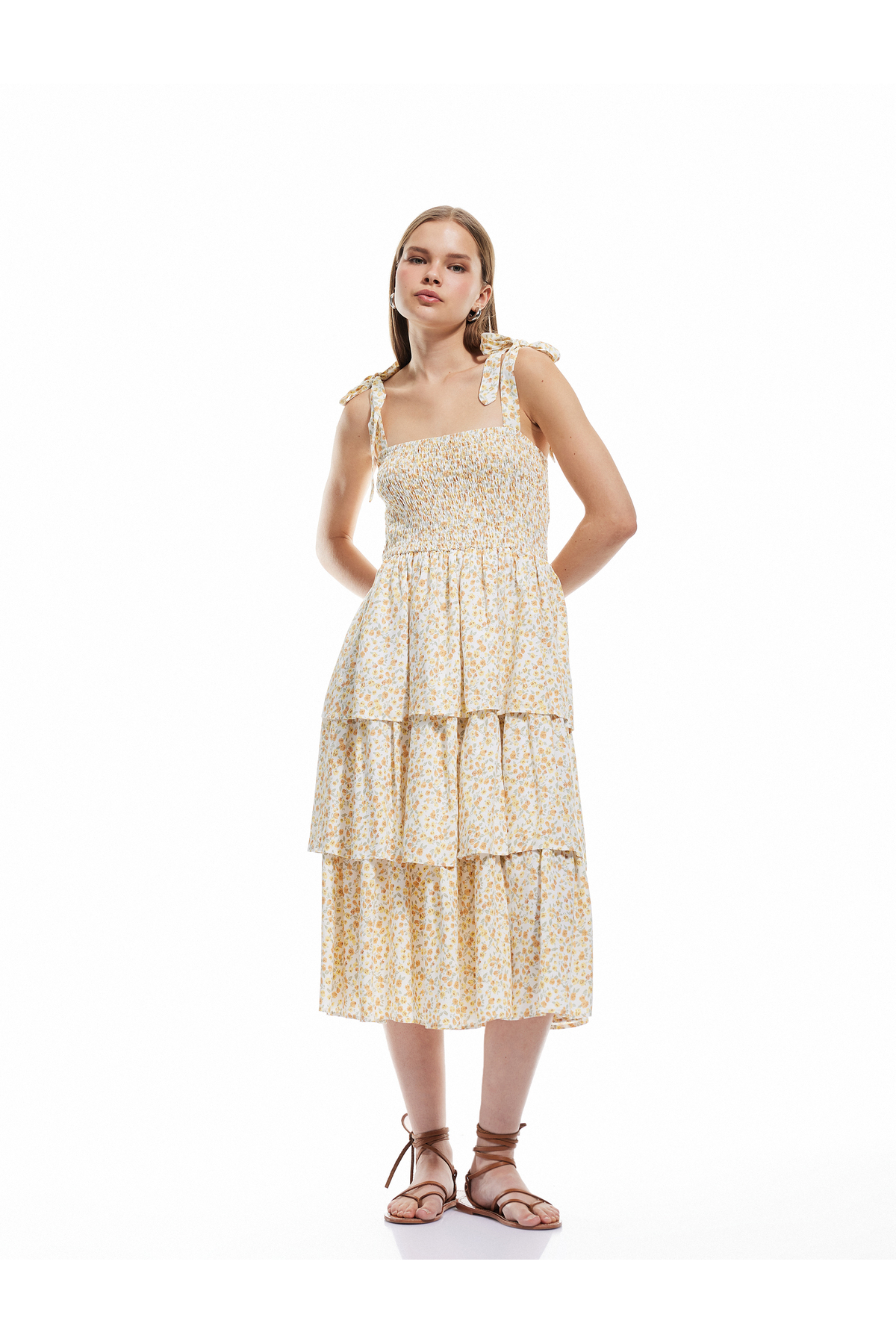 Koton Bow Strap Layered Gimped U-Neck Floral Viscose Midi Dress