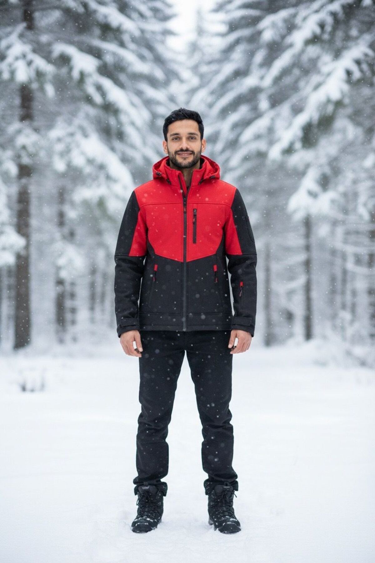 Erkek Softshell Kışlık Kapüşonlu Mont Rüzgar Geçirmez Su İtici İçi Polarlı Kırmızı Siyah — قرمز VTN25KK0001 — تصویر 4 از 5