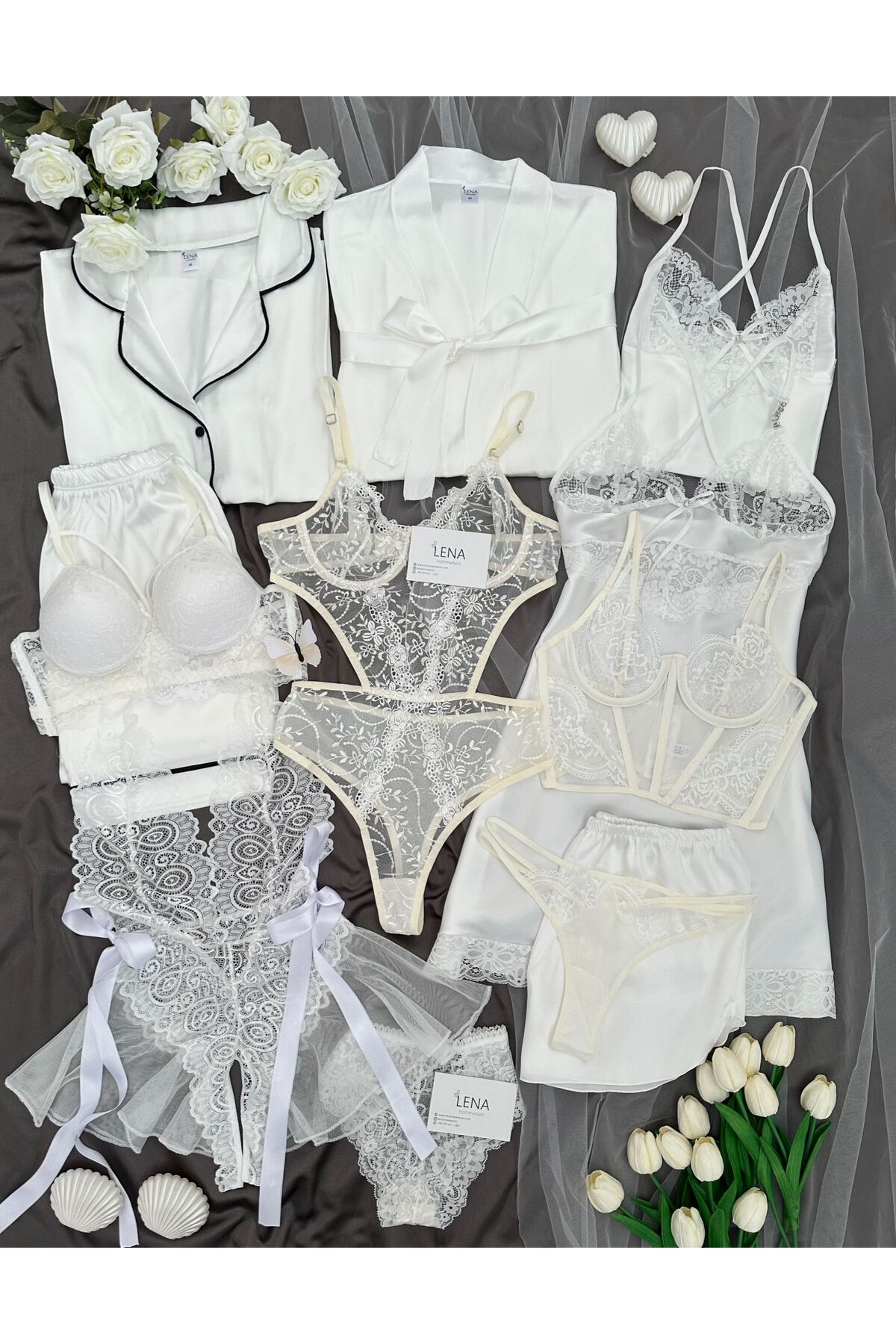 Ecru Satin Mega 12-Piece Giant Pajamas Nightgown Underwear Bridal Dowry Set