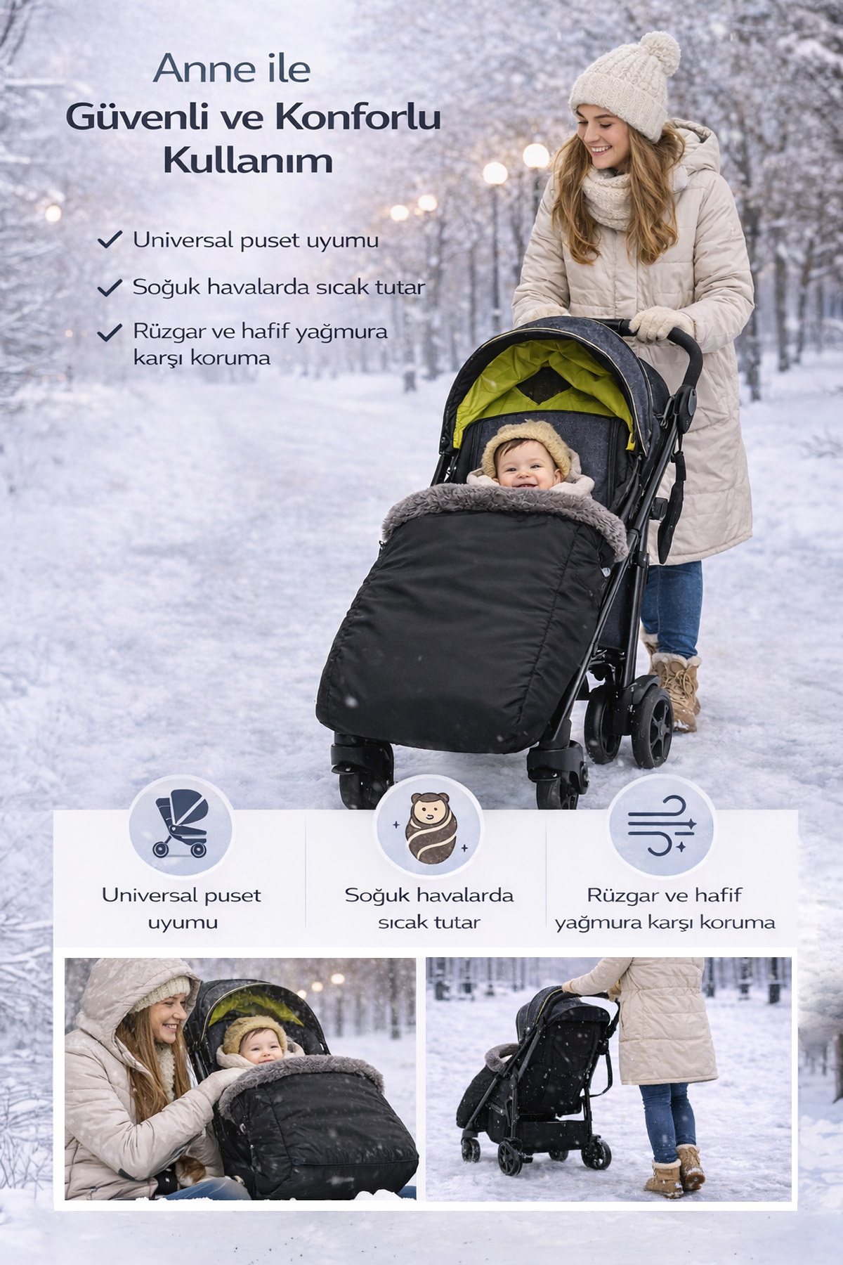 ubeybi Universal Puset Kışlık Ayak Örtüsü - Su Geçirmez Rüzgar Dayanıklı Bebek Arabası Footmuff fotoğrafı 5 (önizleme)