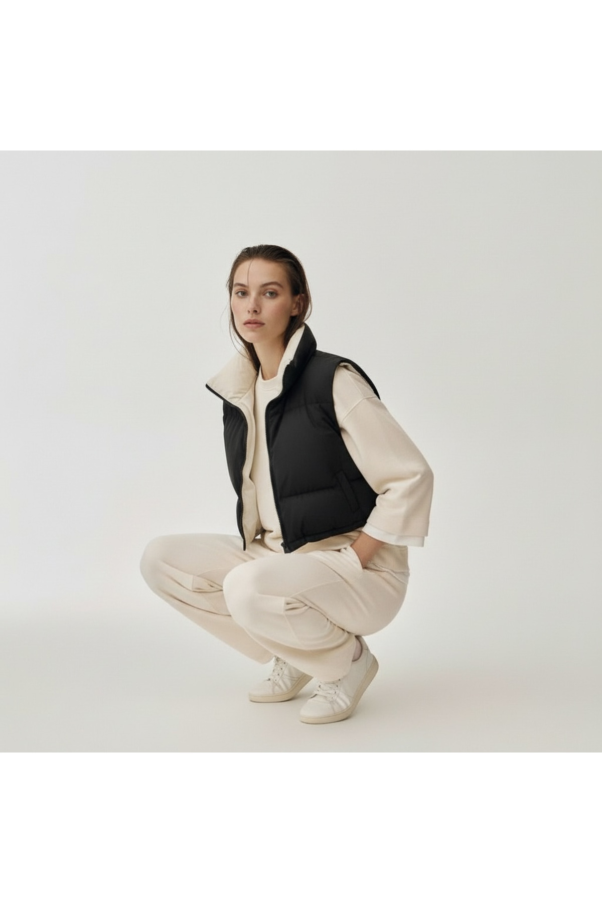 FEG STORE  BEJ-SİYAH ÇİFT TARAFLI DİK YAKA ŞİŞME KOLSUZ MONT-YELEK - Görsel 6