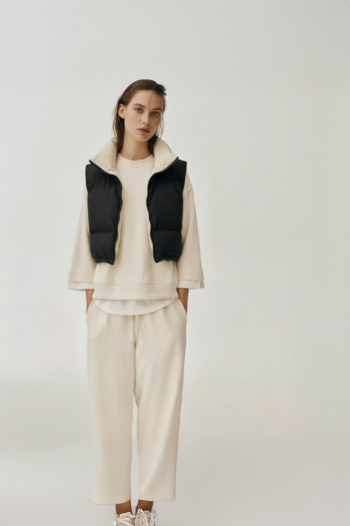 FEG STORE  BEJ-SİYAH ÇİFT TARAFLI DİK YAKA ŞİŞME KOLSUZ MONT-YELEK - Görsel 2