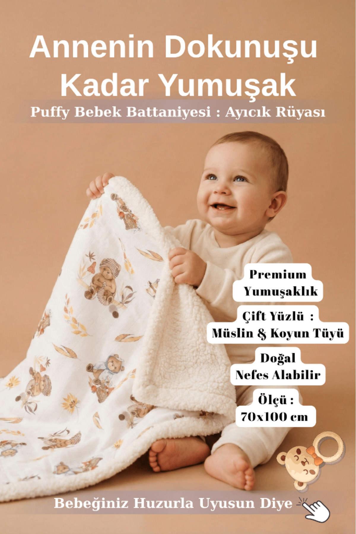 LUCKKA Puffy Bebek Battaniyesi 70x100 cm Koyun Tüylü Müslin Battaniye - ZTPUF00 fotoğrafı 7 (önizleme)