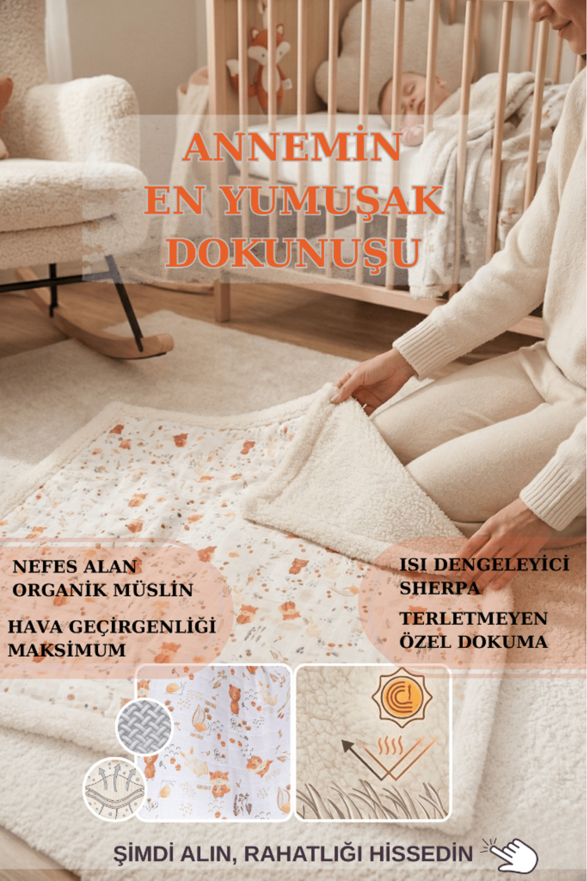 LUCKKA Puffy Bebek Battaniyesi 70x100 cm Koyun Tüylü Müslin Battaniye - ZTPUF00 fotoğrafı 7 (önizleme)