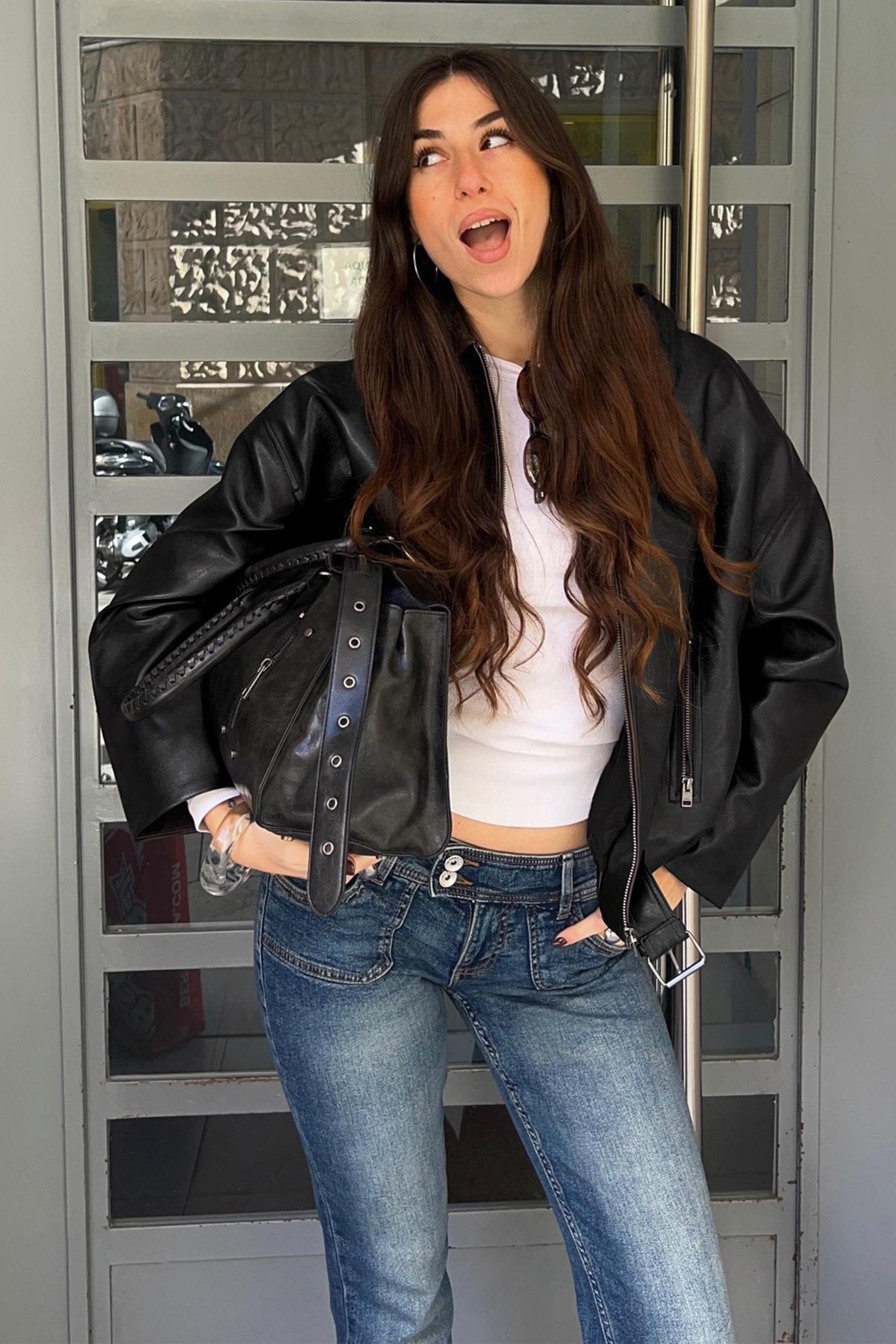 Bershka  Kemerli suni deri bomber ceket - Görsel 4