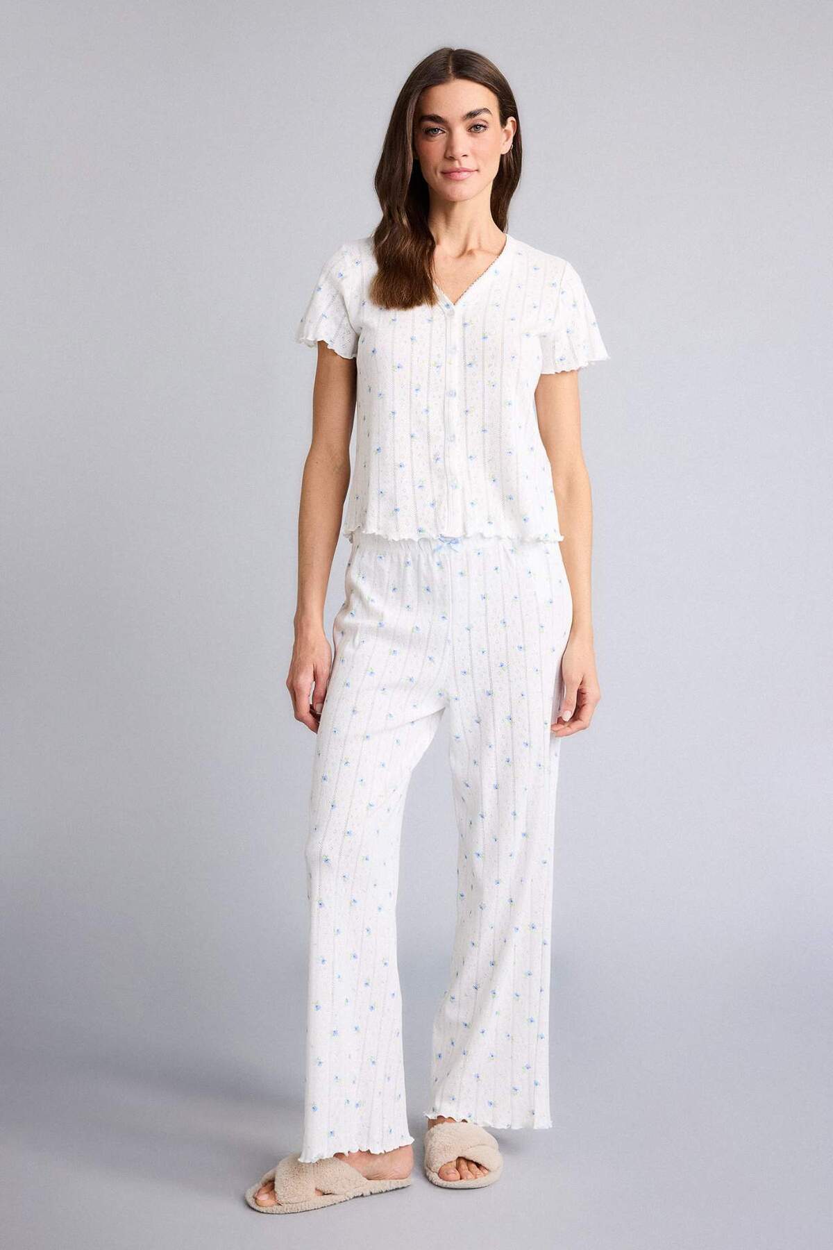 DeFacto 100% Cotton Regular Fit Long Sleeve Printed 2-Piece Ecru Pajama Set H...