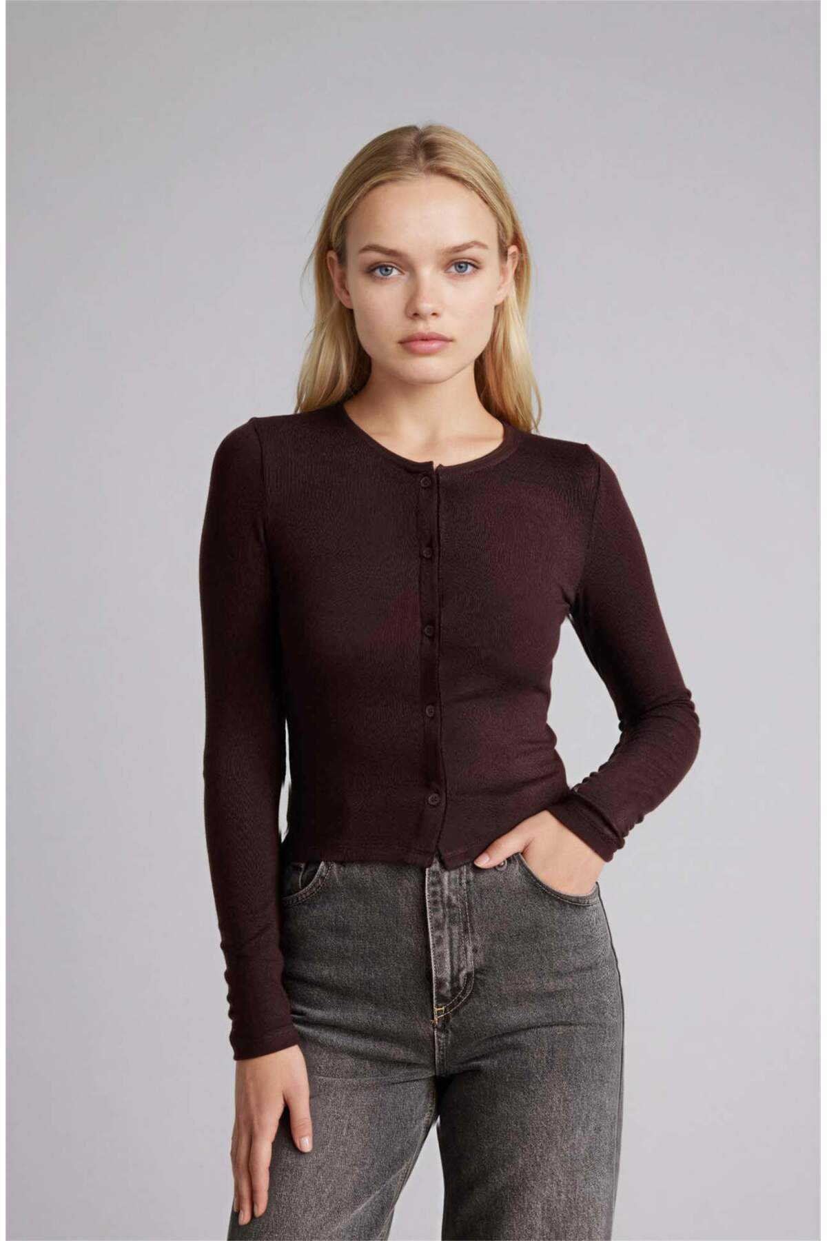 DeFacto Fitted Bisiklet Yaka Crop Ribana Basic Hırka G9457AX26SP görsel 3