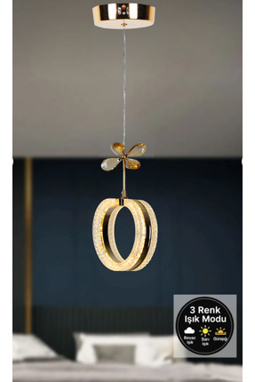 EY-EL TASARIM TEKLİ ALYANS GOLD 3 RENK MODLU KRİSTAL TAŞLI LEDLİ SARKIT AVİZE
