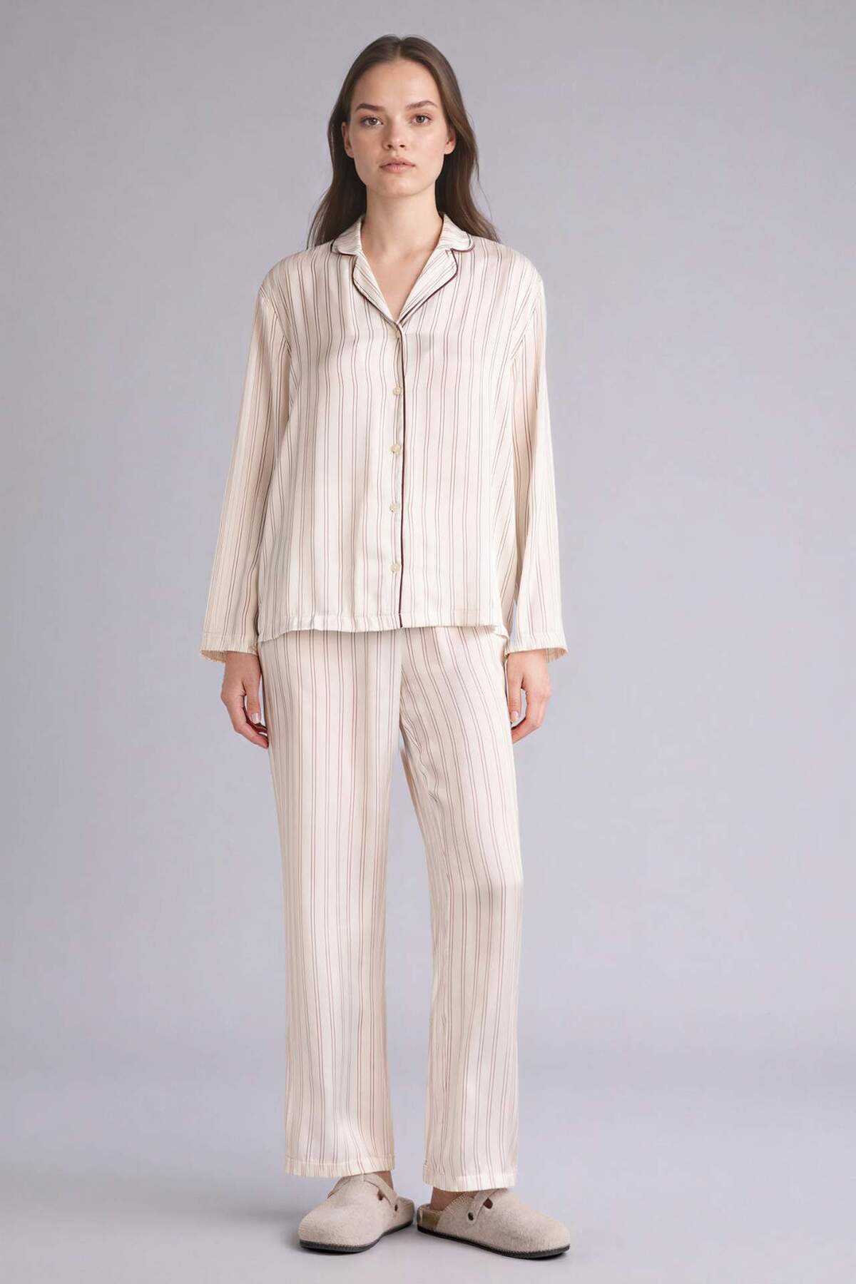 Defacto Striped Satin Pajama Set Top Bottom G0227Ax26Sp