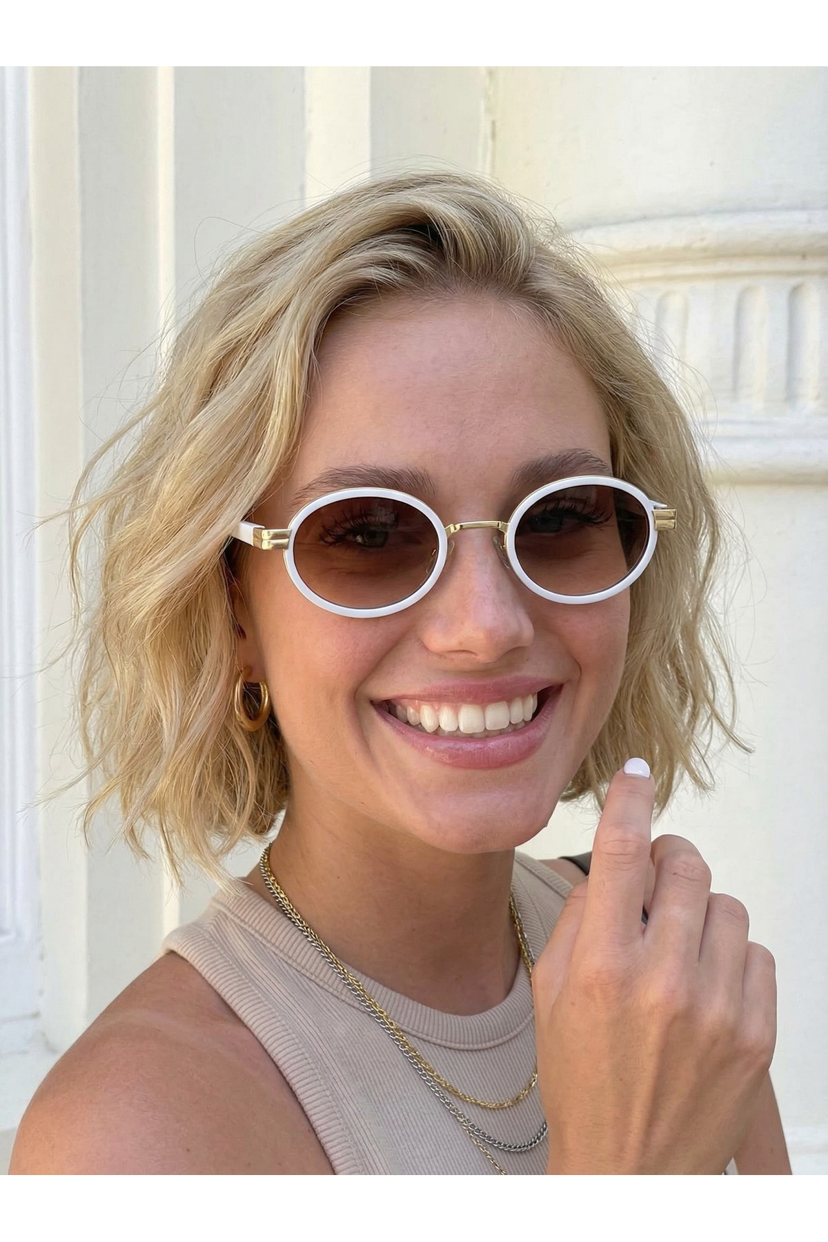 Max Ellipse Oval White Frame Brown Glasses Sunglasses Unisex Metal Trend Glasses