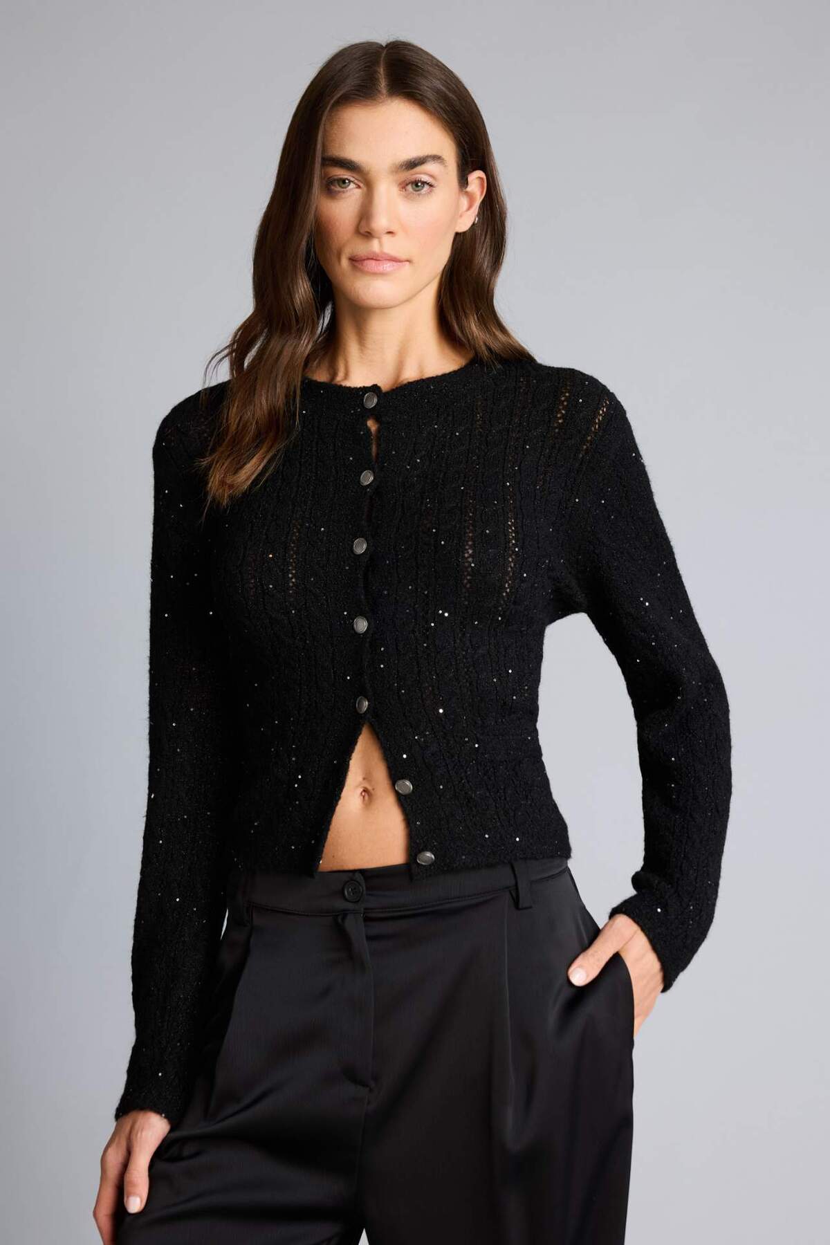 DeFacto Regular Fit Bisiklet Yaka Payet Detaylı Ajurlu Basic Hırka H3795AX26SP görsel 3