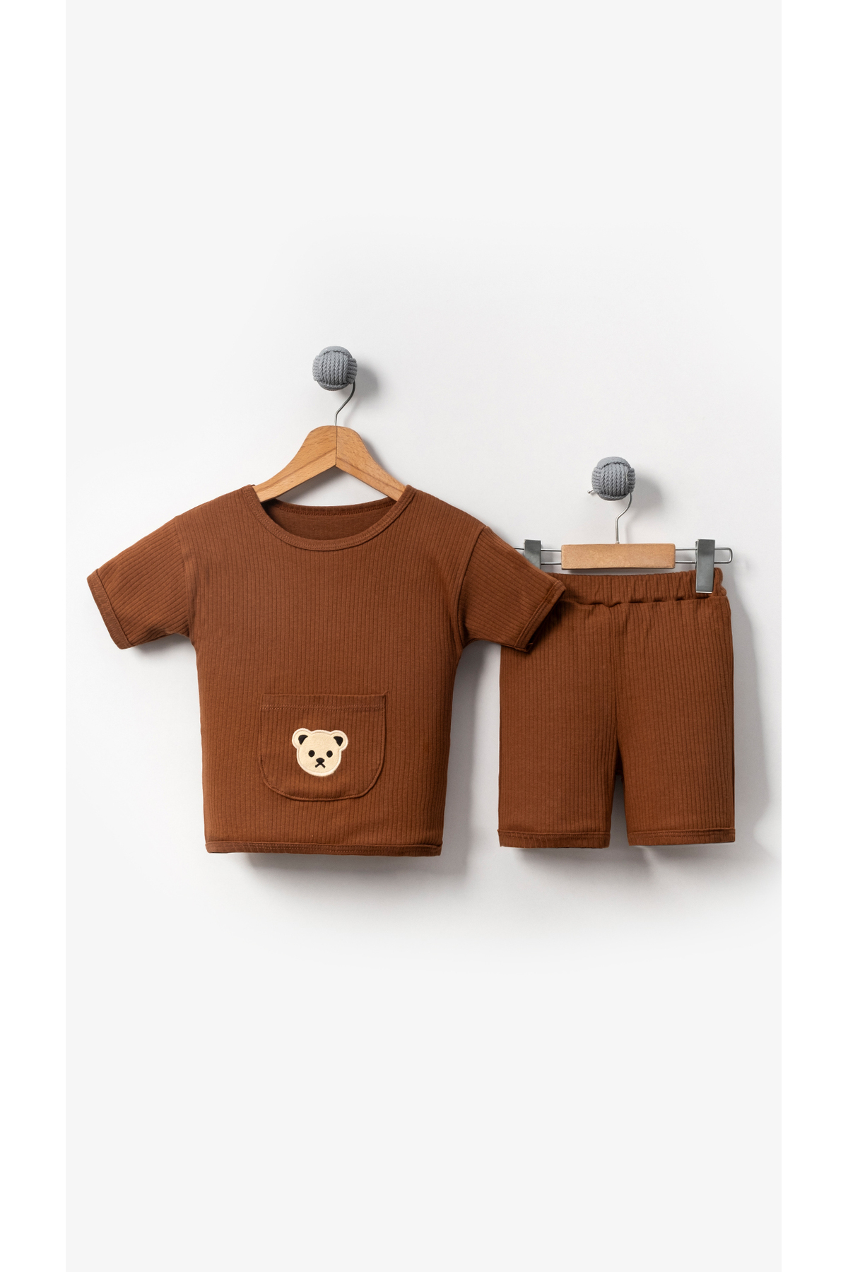 Bubito Ayılı Cep Görselli Pamuklu Yazlık Bebek Çocuk Şort Takım-Kahverengi fotoğrafı 3 (önizleme)
