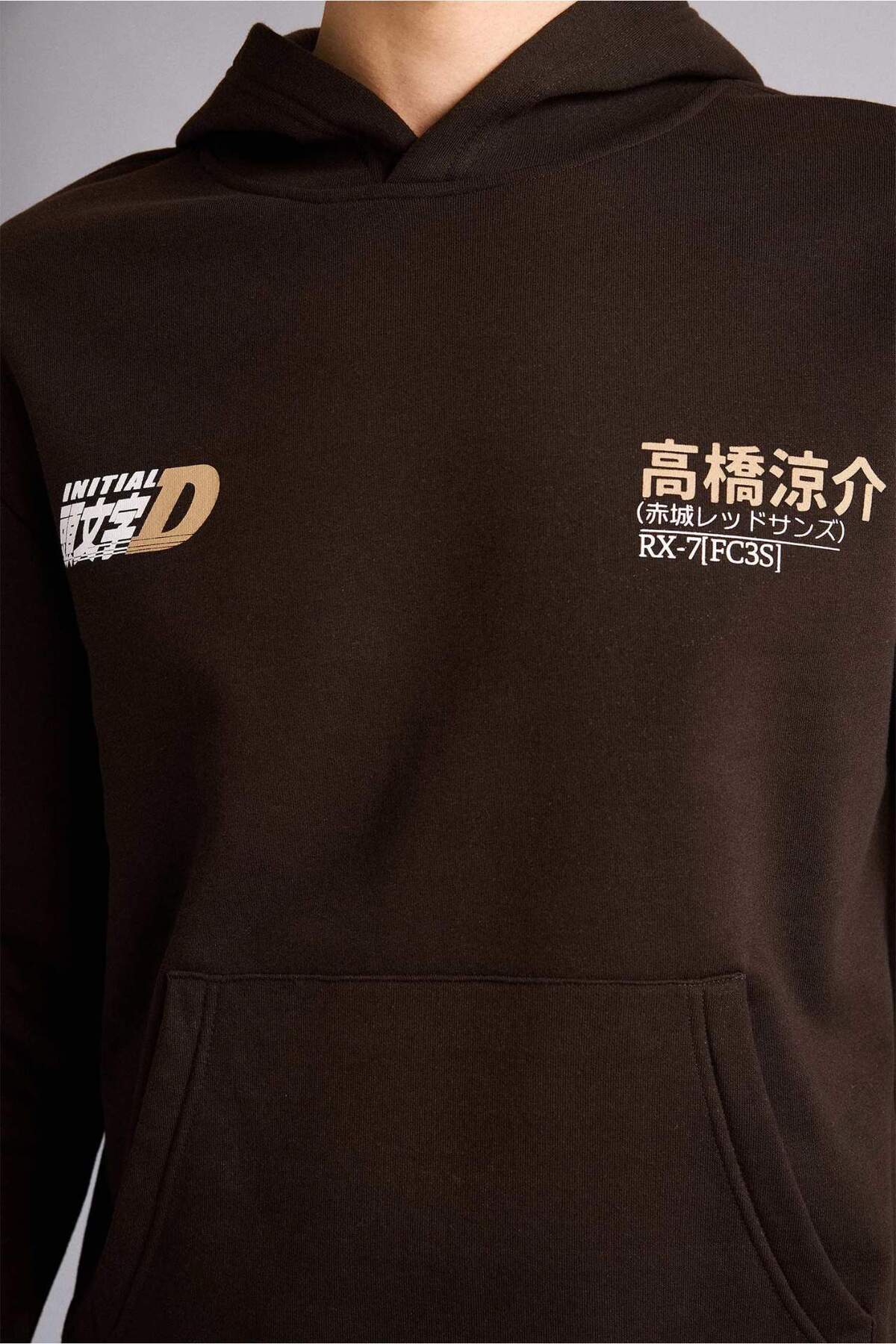 DeFacto Pamuklu Inıtıal D Boxy Fit Kapüşonlu Baskılı Kalın Sweatshirt Kumaşı Sweatshirt F9760AX26SP görsel 6