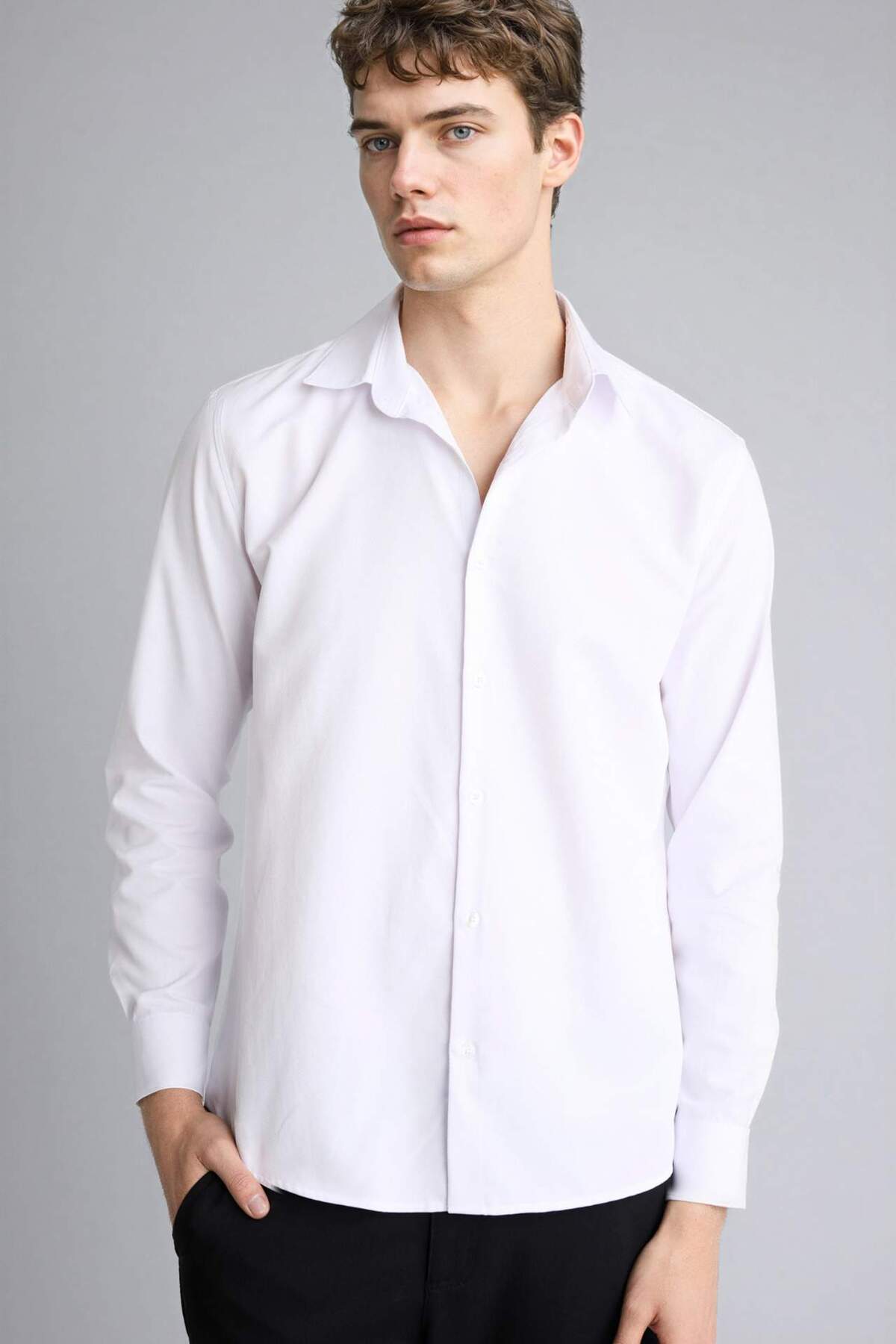 DeFacto Slim Fit Polo Yaka Uzun Kollu Gömlek G6496AX26SP — سفید