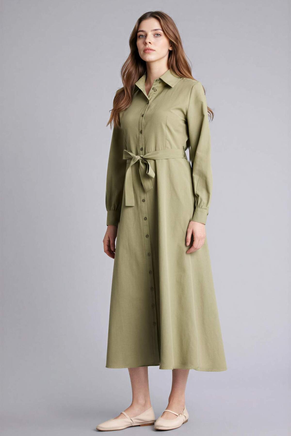 Shirt Collar Poplin Long Sleeve Dress H0195AX26SP