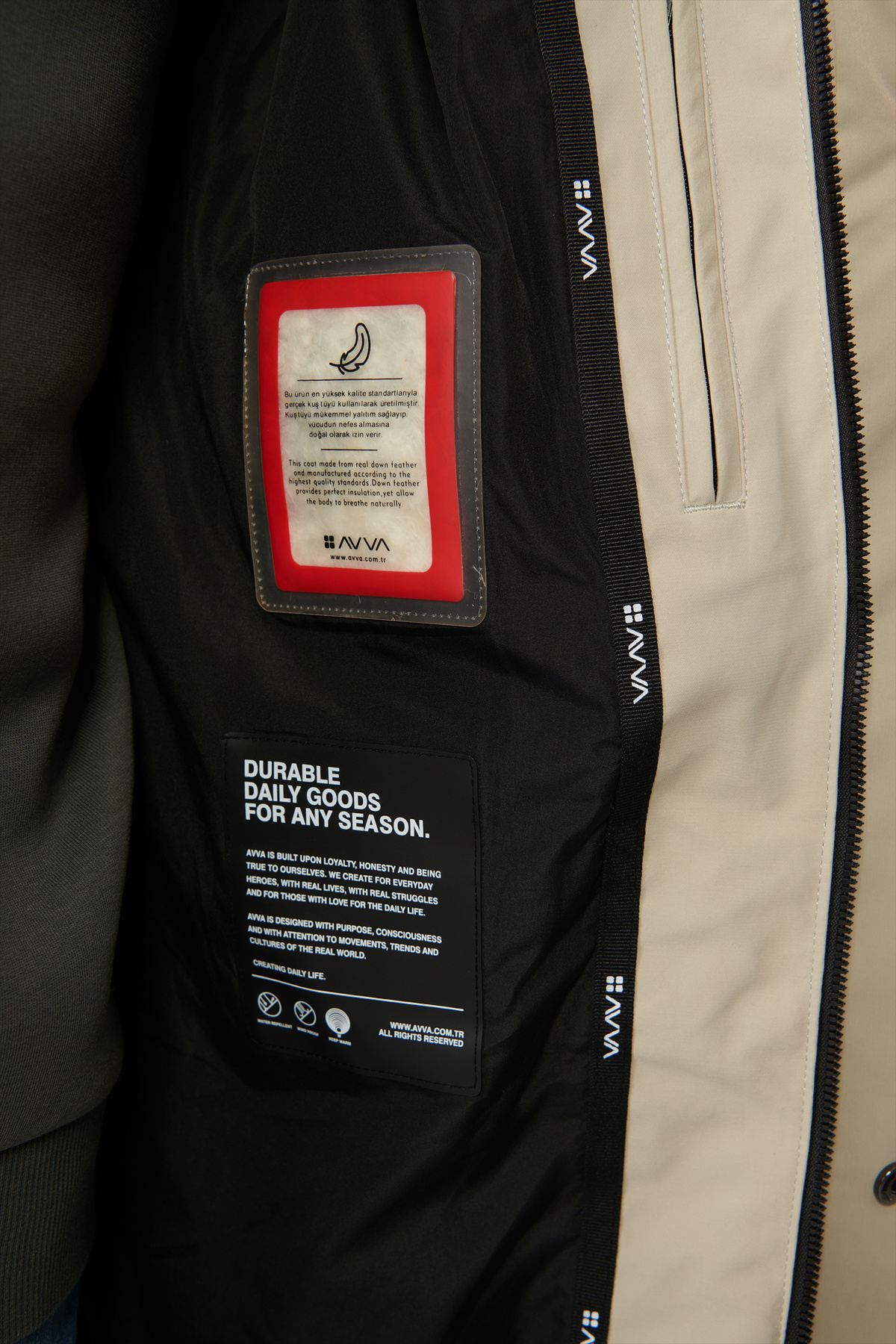 Avva  Erkek Bej Kapüşonlu Kuş Tüyü Dolgulu Su İtici Kumaşlı Uzun Kaban A32Y6047 - Görsel 6