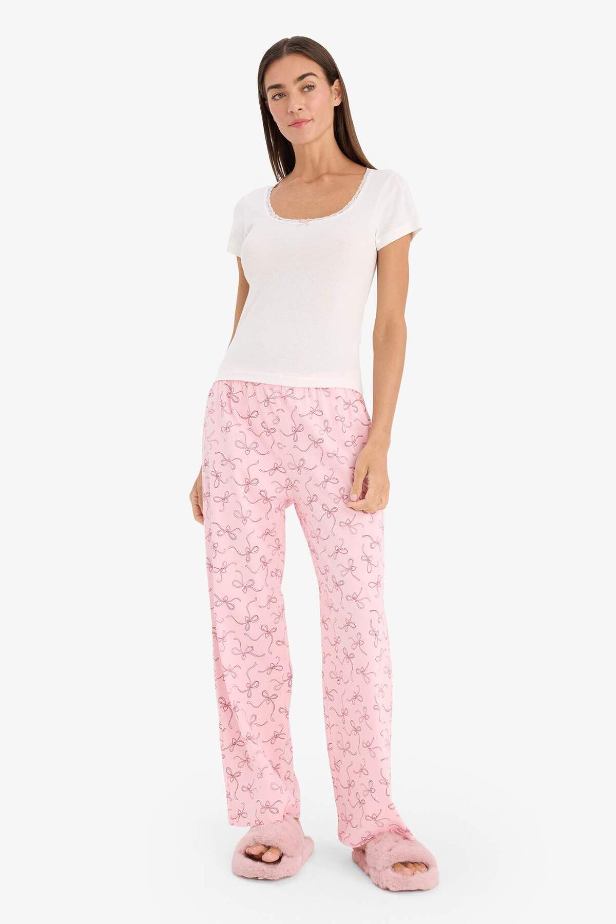 Defacto 100% Cotton Pajama Set Short Sleeve Top and Bottom G1675Ax26Sp