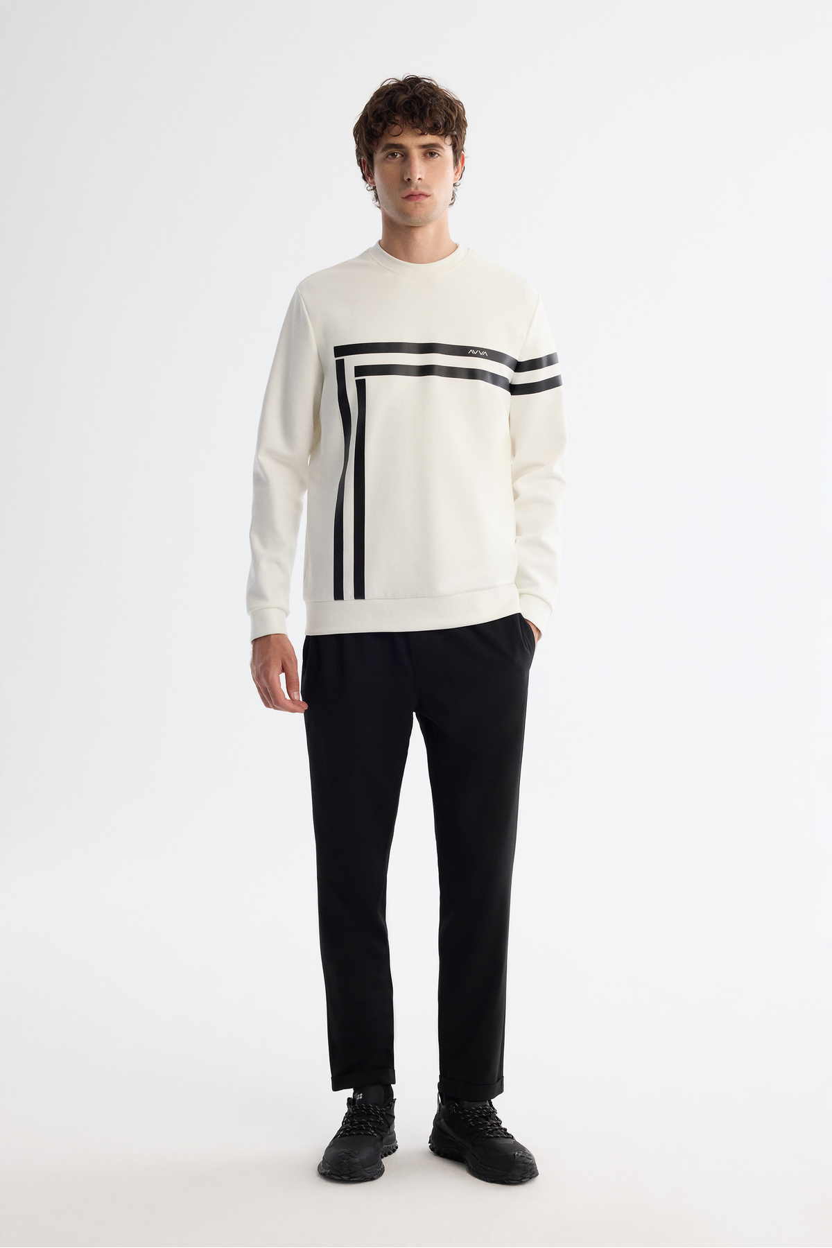 Avva  Erkek Ekru Bisiklet Yaka Pamuklu Baskılı Elastan Regular Fit Sweatshirt A42Y1284 - Görsel 4